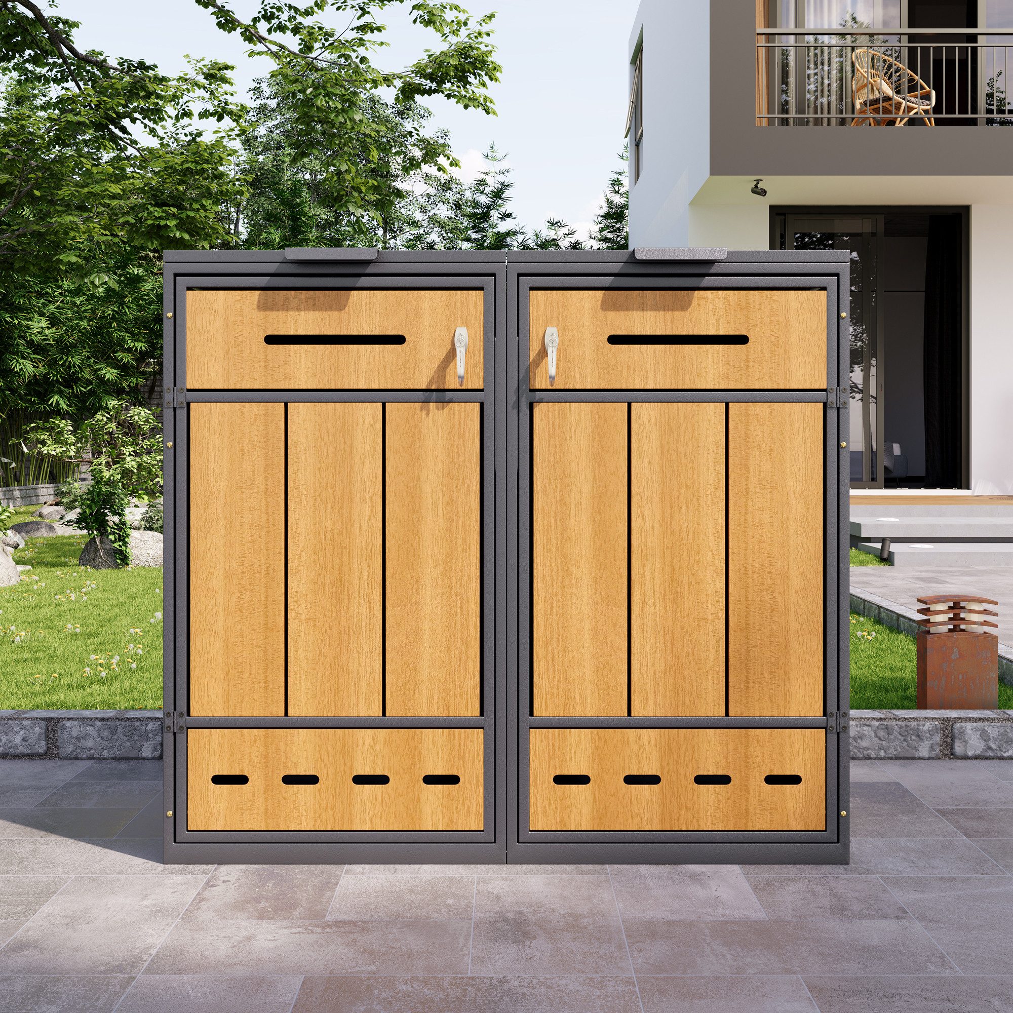 OKWISH Mülltonnenbox 2-fach, 40 kg, Stahl, belüftet (Set, 2 St., für zwei Mülltonnen (120-240 Liter), Mit Lüftungslöchern & Staufächern), Abschließbar mit zwei Türen