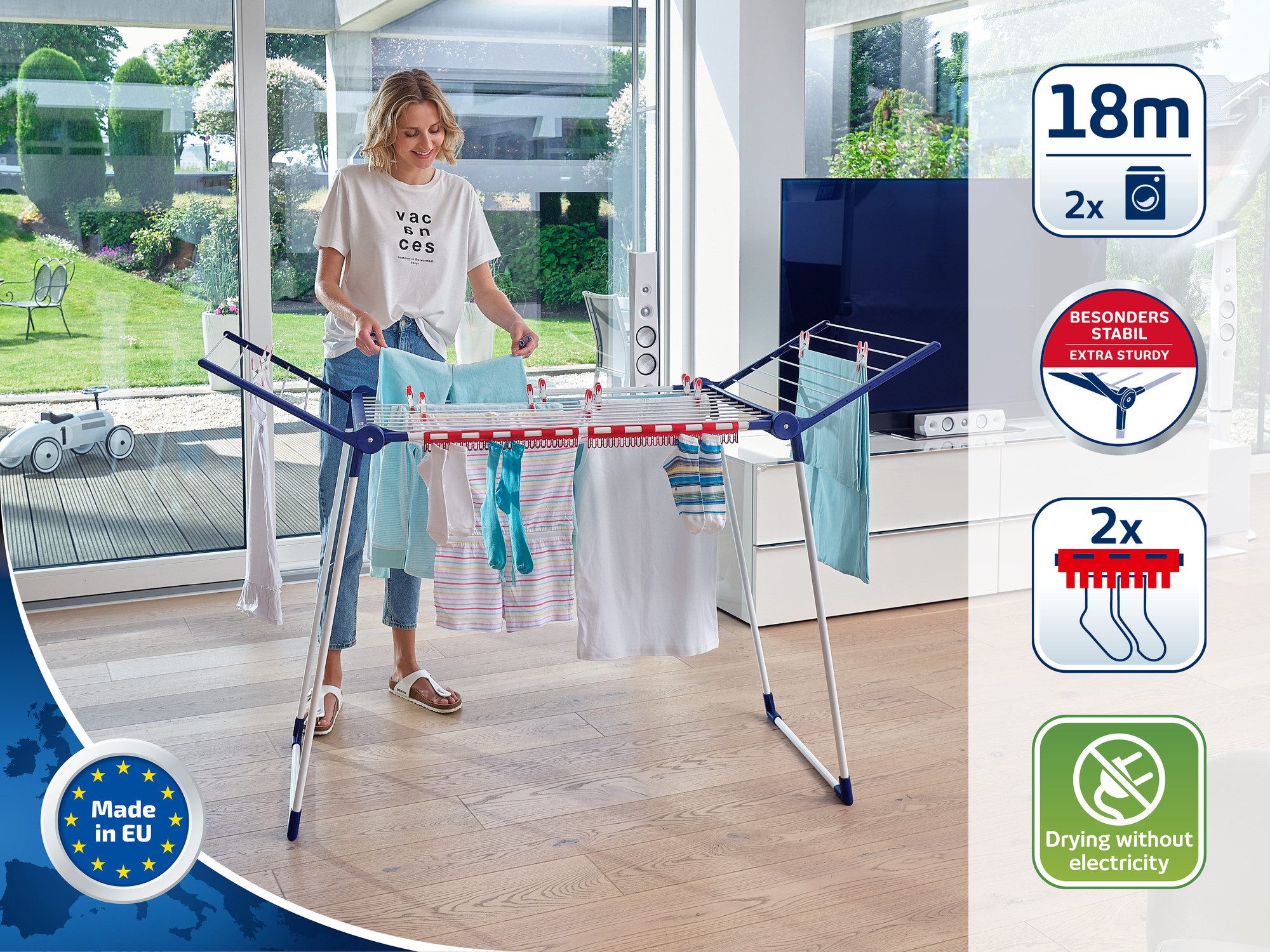 Leifheit Wäscheständer Standtrockner Pegasus 180 Solid, 18m Trockenlänge, 105cm Flügelhöhe, Kleinteilehalter, stabiler Stand