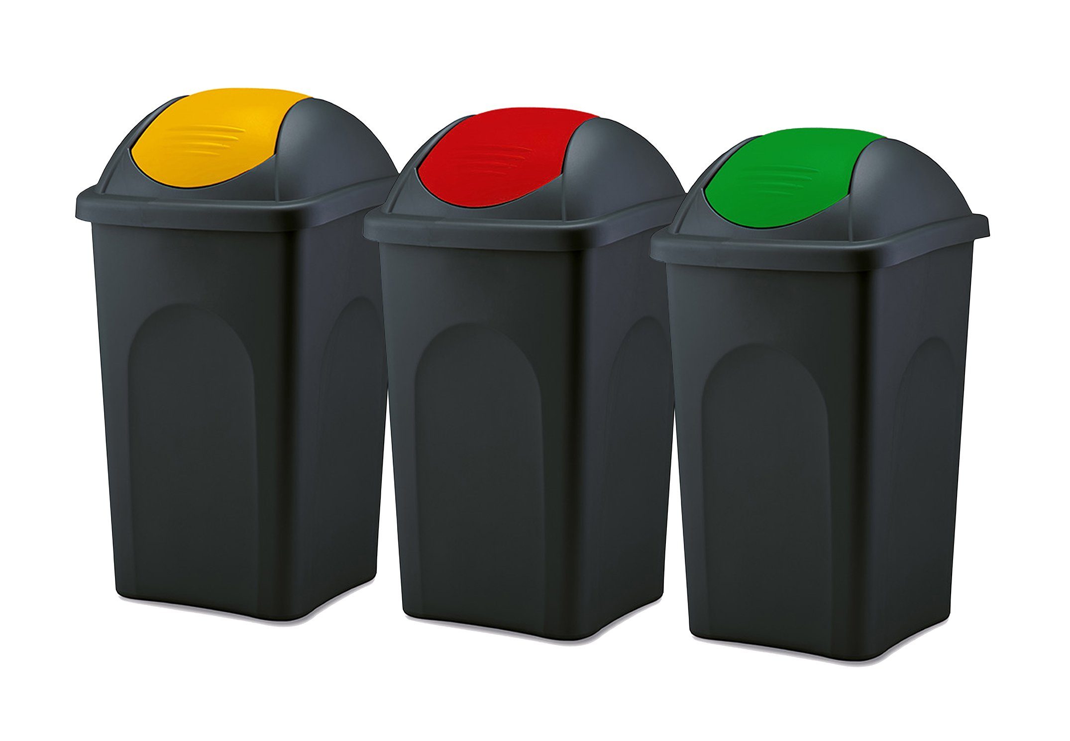 BigDean Mülleimer 3x 60L schwarz Schwingdeckel gelb rot grün Abfalleimer Mülltonne, XL Mülleimer, Schwingdeckel, 60L, Dezente Optik