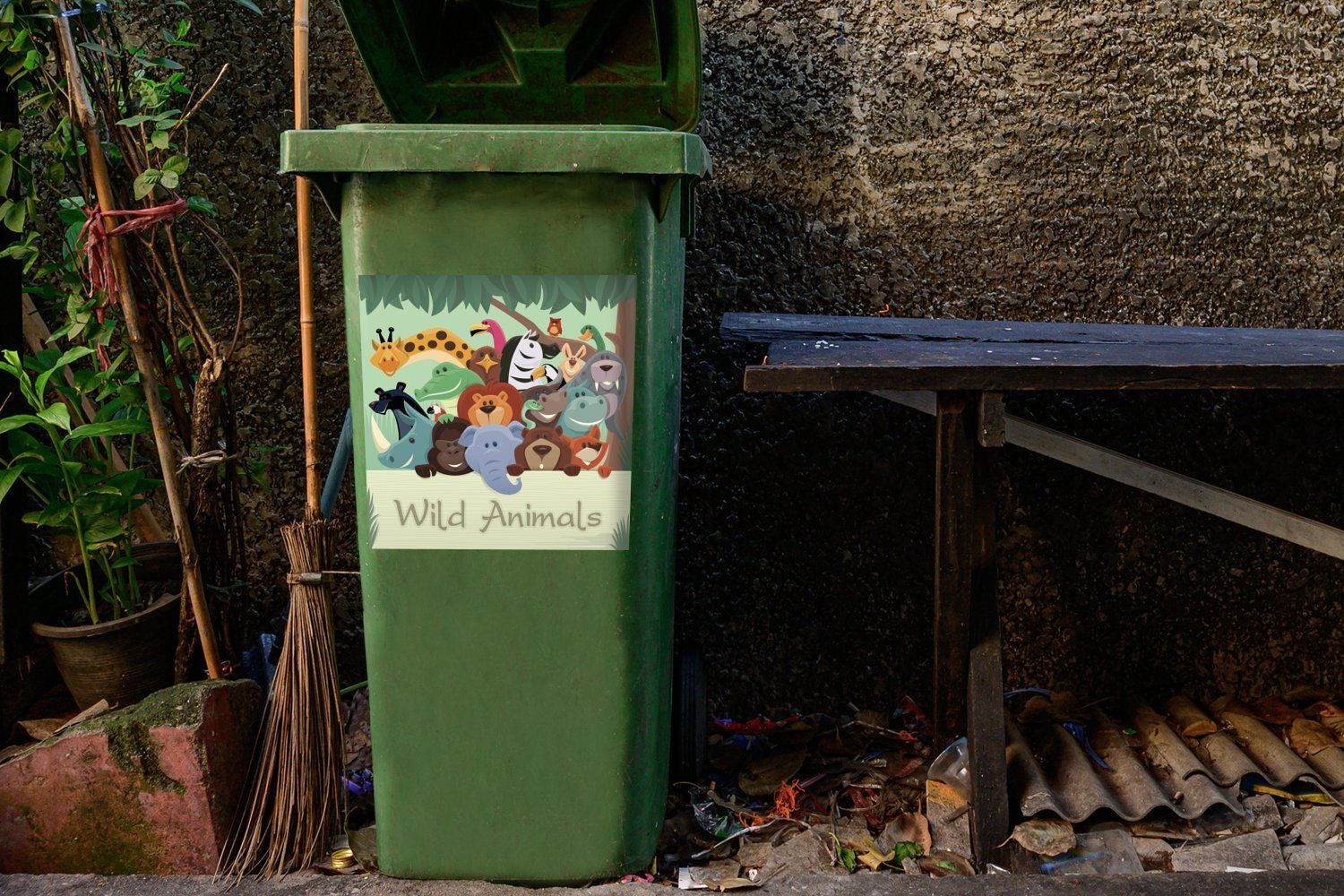 MuchoWow Wandsticker Eine Illustration Five St), Mülleimer-aufkleber, einem Sticker, als unter der Big (1 Gruppenbild Abfalbehälter Mülltonne, Baum Container
