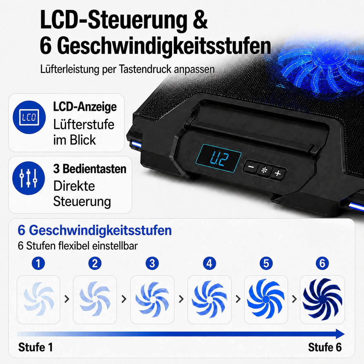 Fyrove Notebook-Kühler Gaming Laptop Kühler mit 5 Lüftern, LCD-Anzeige, 6 Geschwindigkeitsstufen, Kühlpad für 12–17,3 Zoll, höhenverstellbar – Bild 3 von 5