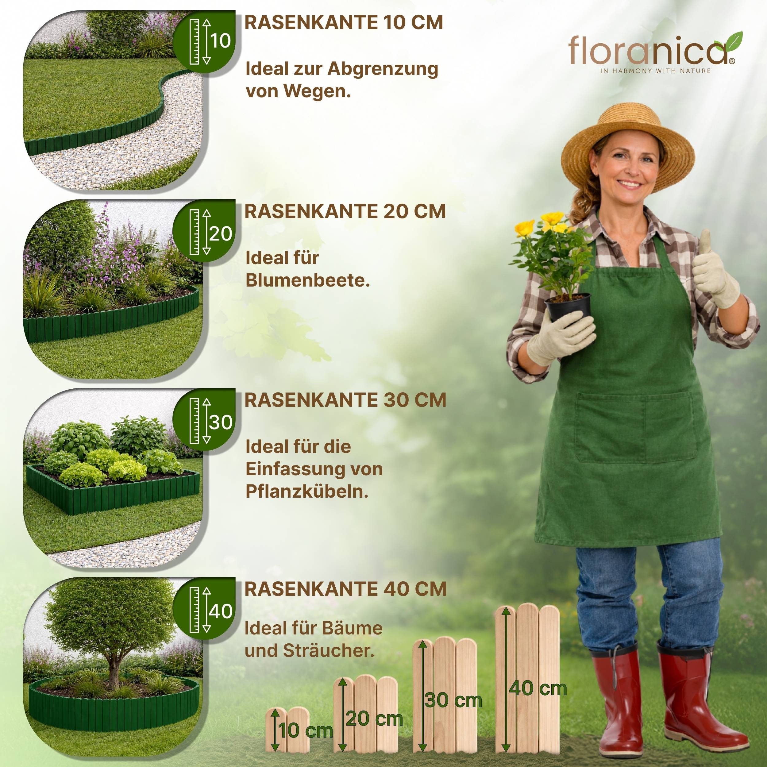 Floranica Palisade Rasenkante Holz Flexible Beeteinfassung Rollborder Gartenzaun, LxH: 200x10 cm, Dunkelgrün, Umzäunung für Garten Blumenbeeten Gemüsebeeten Rosen