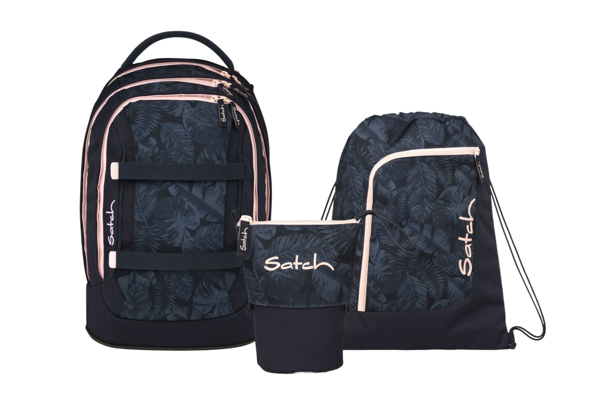 Satch Schulranzen Schulrucksack-Set PACK Midnight Jungle 3-teilig (3-teilig), ergonomisch, Your-Size-System, 5 Fächer