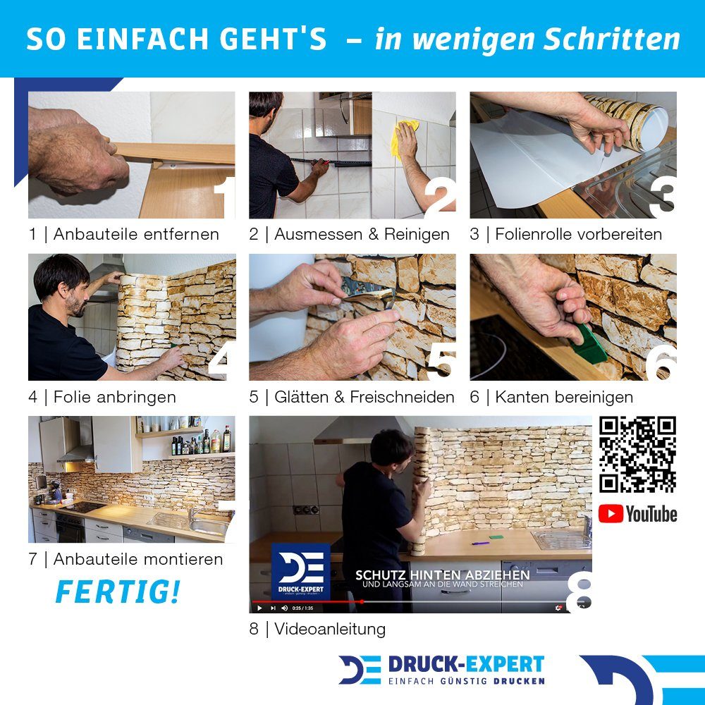 DRUCK-EXPERT Küchenrückwand Küchenrückwand Steinschichten Grau Premium selbstklebend 0,4 Hart-PVC mm