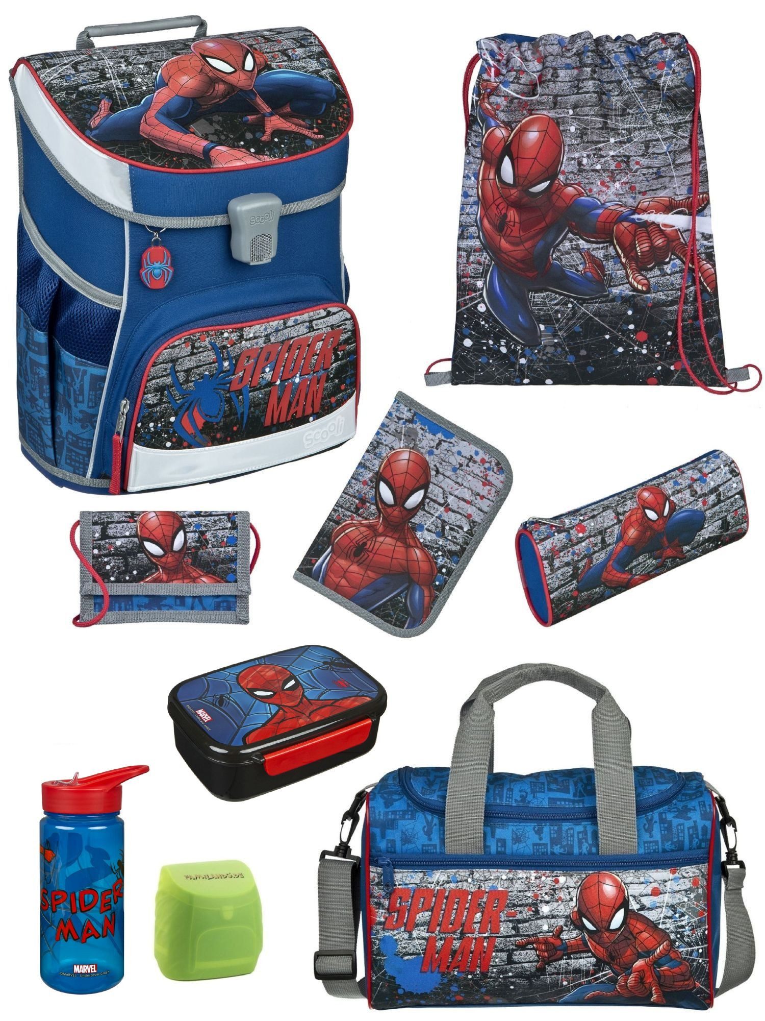 Scooli Schulranzen Campus Fit Spiderman Schultasche ab der 1. Klasse (Erweitertes Set, 9-tlg., mit Lunch-Set und Sporttasche), mit Brustgurt, 980 Gramm leicht, 18L Volumen