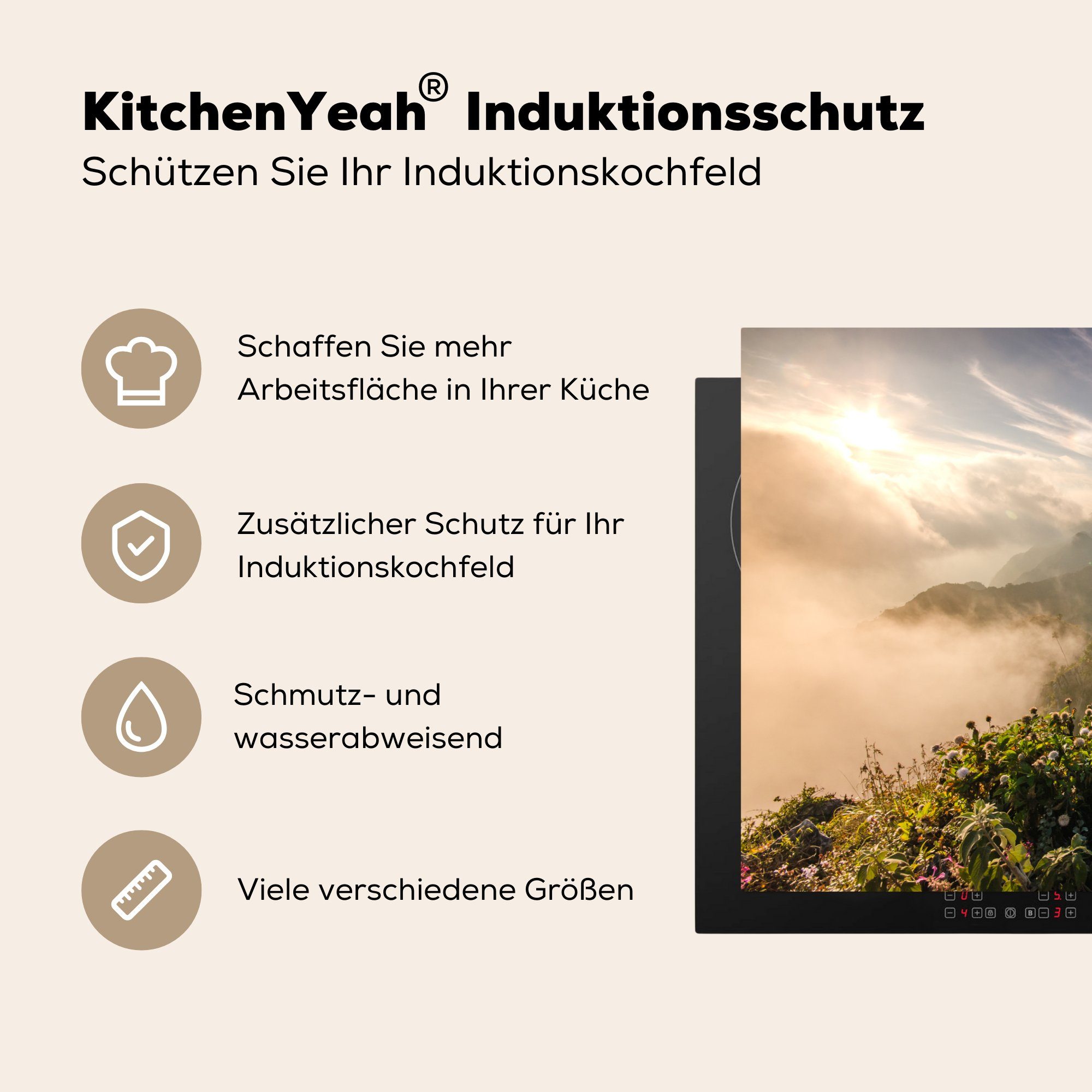 MuchoWow Herdblende-/Abdeckplatte Berg im Nebel, küche, die Vinyl, Induktionskochfeld Ceranfeldabdeckung (1 tlg), 81x52 für cm, Schutz