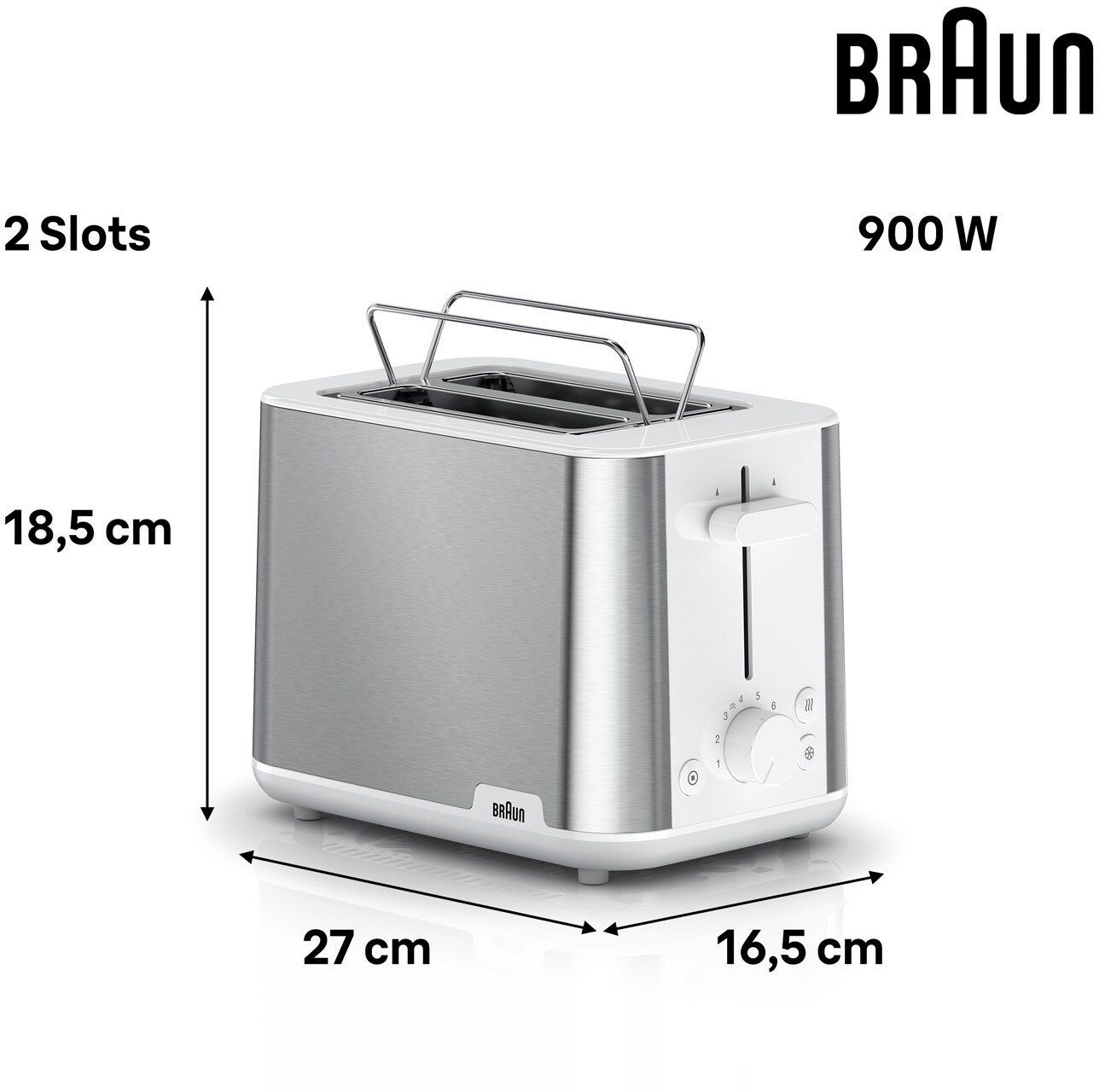 Braun Toaster PurShine HT 1510 WH - 2 Schlitze, 8 Stufen, Auftau- Aufwärmfunktion, 2 kurze Schlitze, 900 W, 900 W, Edelstahl, Automatische Abschaltung, Brötchen – Bild 5 von 5