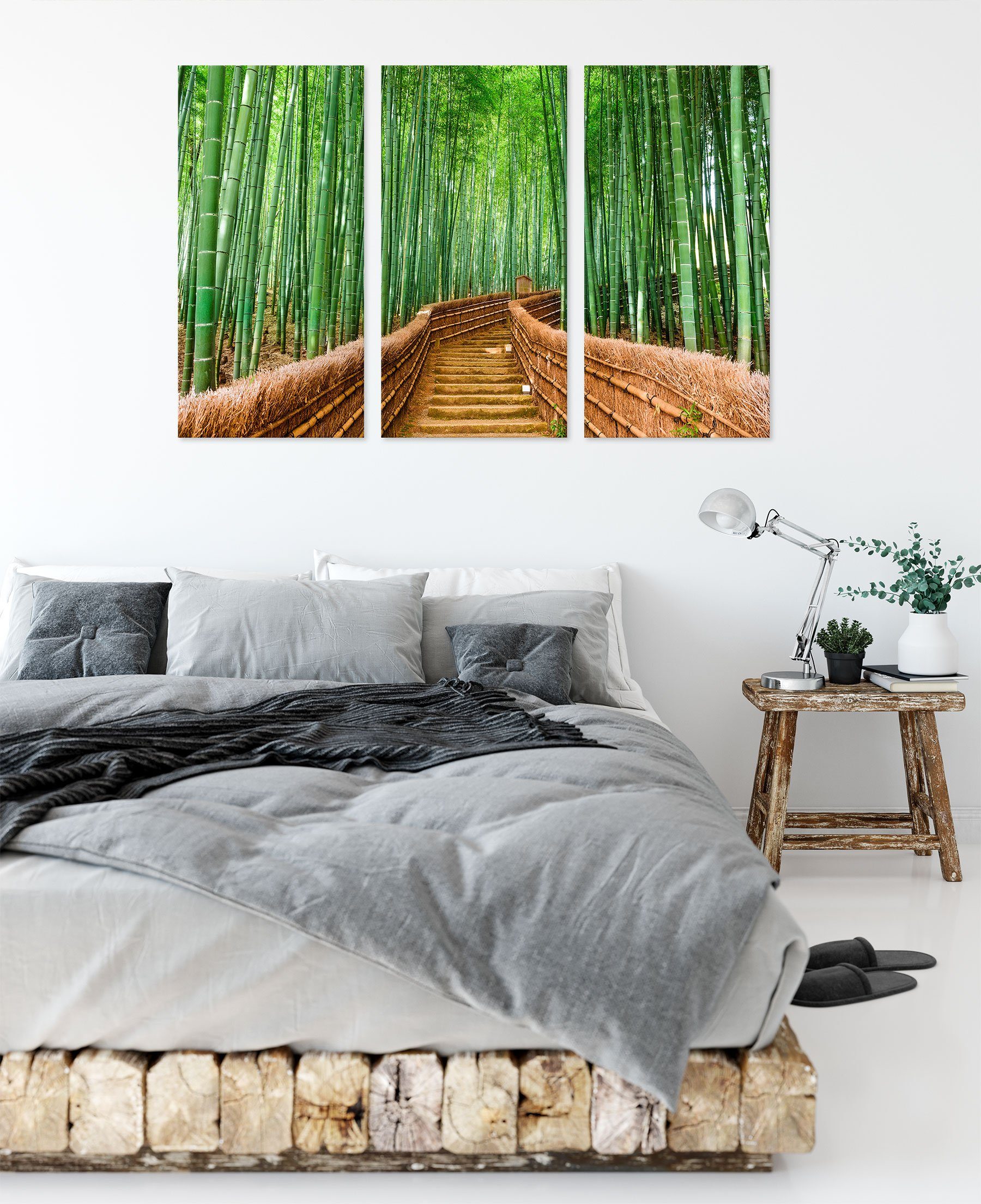 Pixxprint Leinwandbild Kyoto Japan St), Bambuswald bespannt, inkl. Kyoto Leinwandbild (120x80cm) 3Teiler Japan Bambuswald, Zackenaufhänger (1 fertig