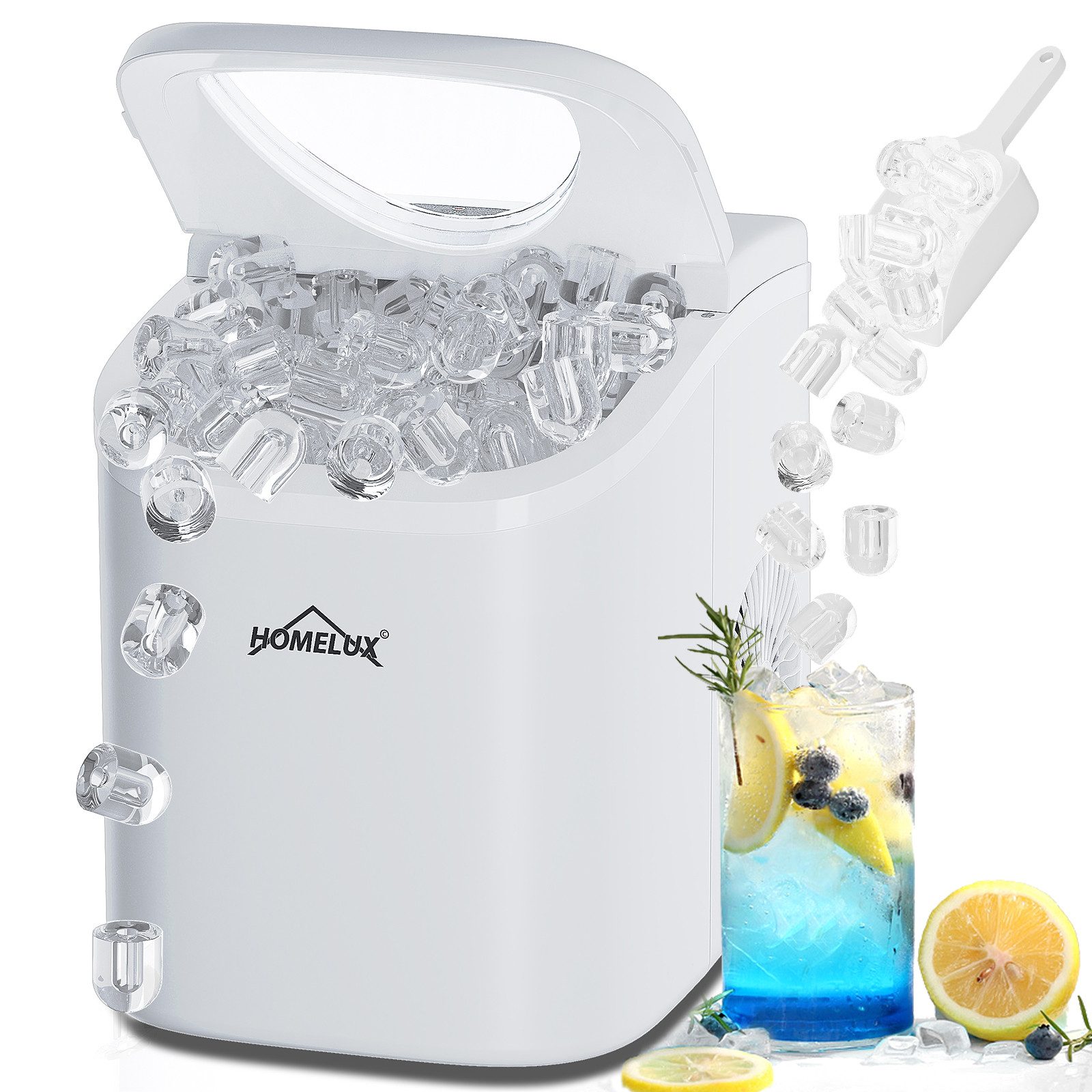 HOMELUX Eiswürfelmaschine 1,4 L Ice Maker, 9 Eiswürfel in 6 Minuten, Selbstreinigungsfunktion