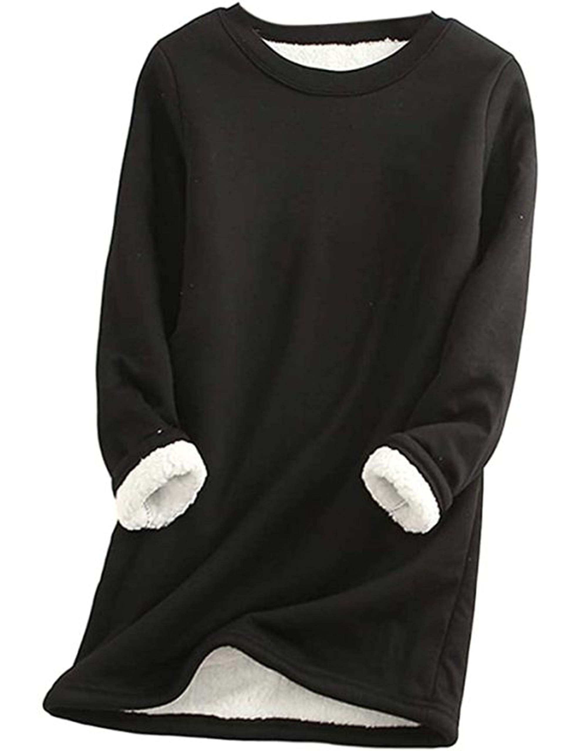 B.X Thermounterhemd Damen-Winter-Fleece-Bottom-Shirt, einfarbig, große warme kältebeständiger Größe, Rundhalsausschnitt, Schwarzes Fleece-Sweatshirt mit