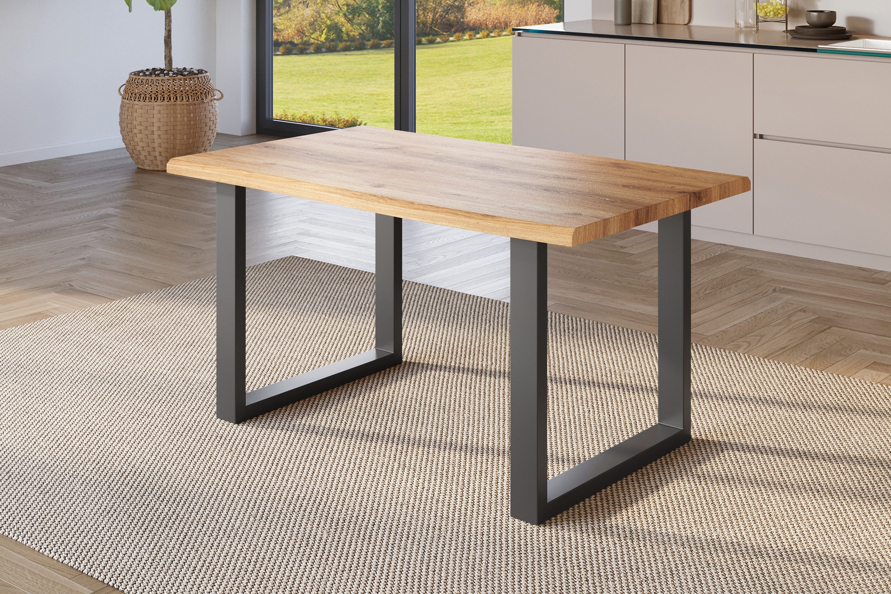 SAM® Esstisch Thoran, Holz-Optik Wildeiche, U-Metallgestell, Baumkante günstig online kaufen