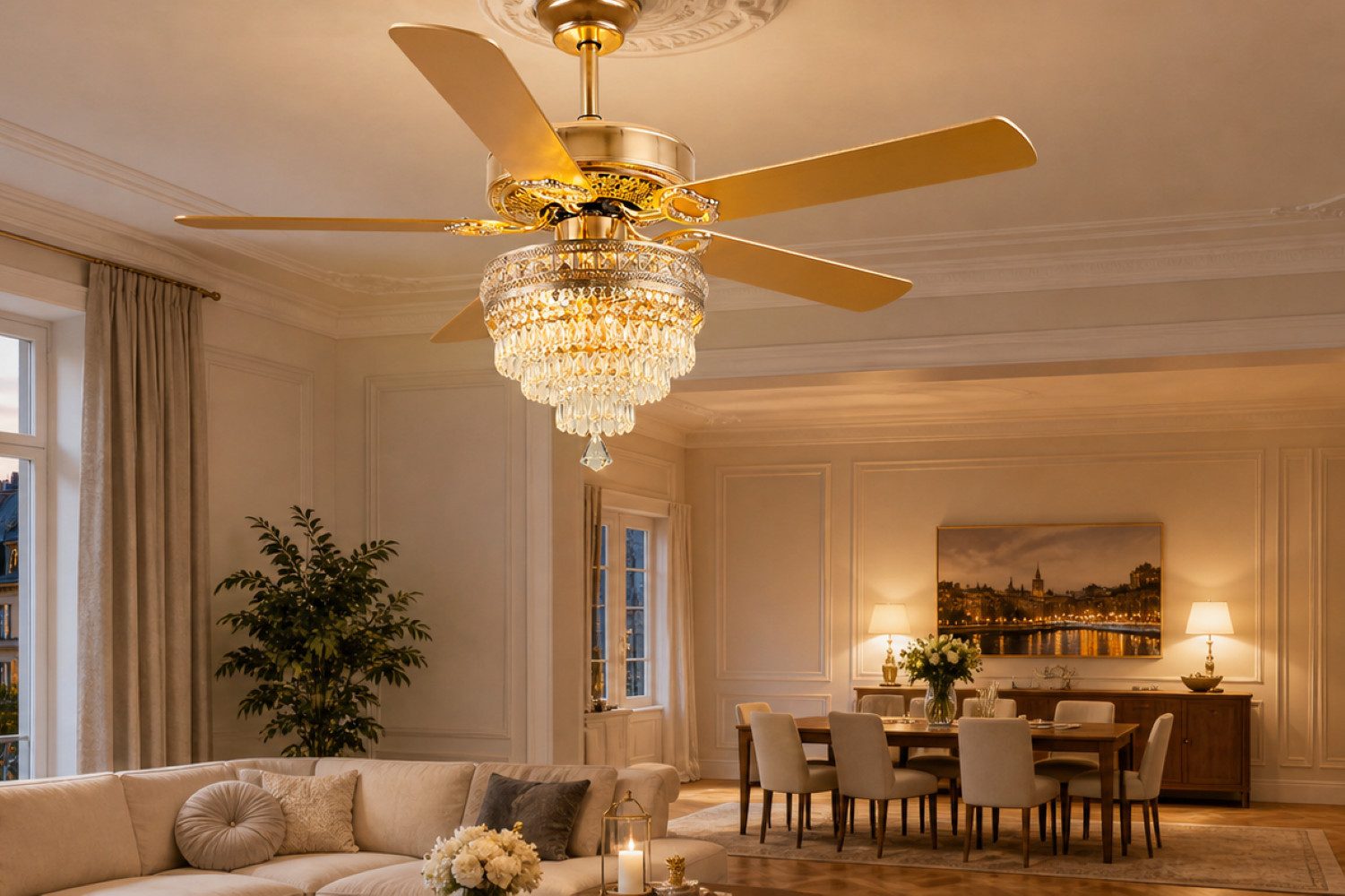Surtime Deckenventilator im Kristall-Design, 5 wendbare Holzflügel, 6 Geschwindigkeitsstufen, LED-Beleuchtung mit 3 Farben, 70W, ⌀ 132 cm