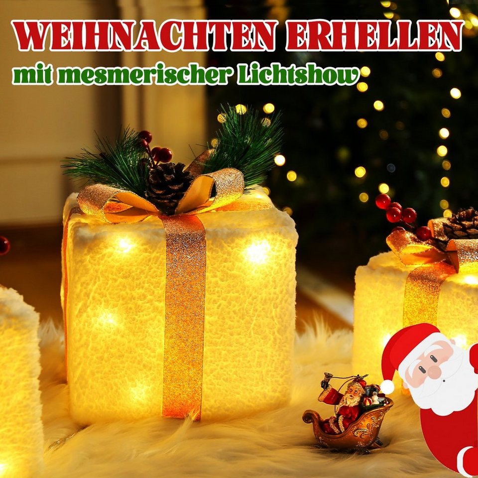Elegear LED Dekolicht 3er Set 60LED Geschenkbox, Weihnachtsdeko mit  Lichterkette, 8 Modi, LED wechselbar, Tageslichtweiß, Warmweiß, Kaltweiß,  mit Bändern