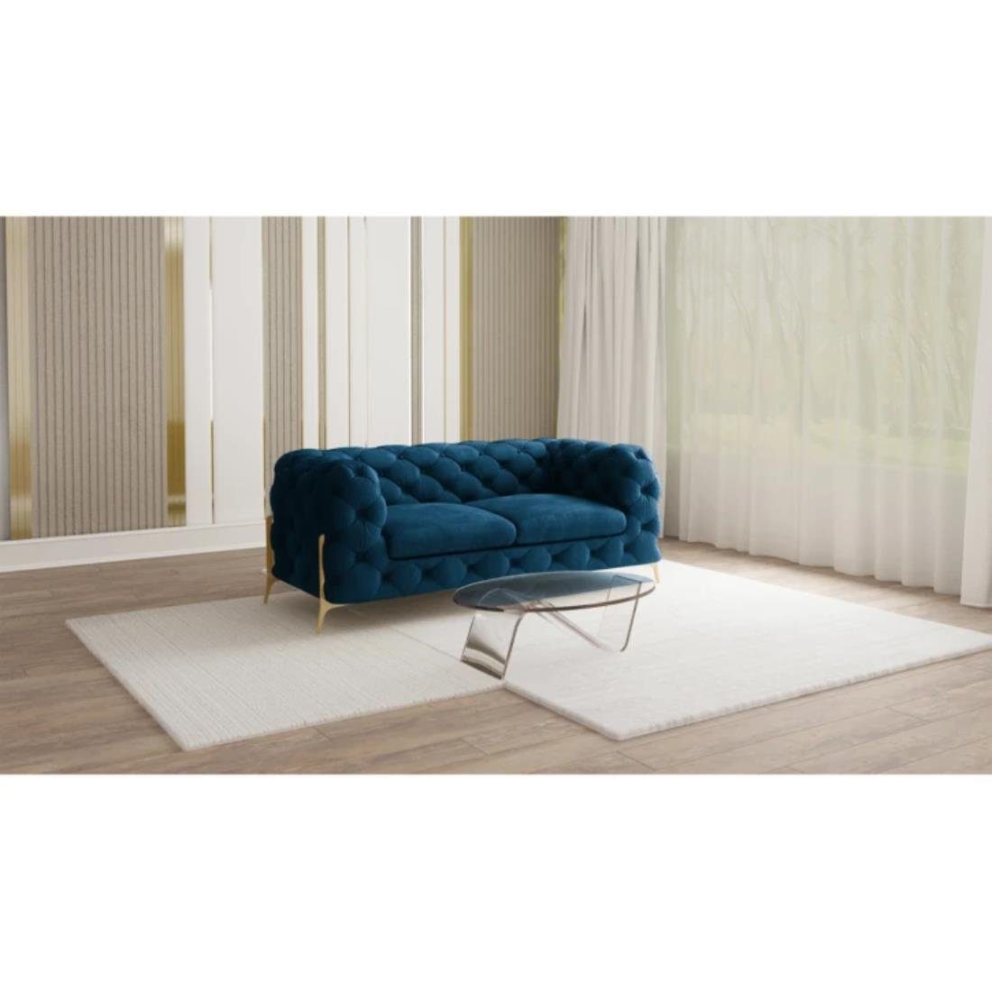 2-Sitzer Wellenfederung Sofa Ashley Metall Marineblau Goldene mit Möbel Füßen, Chesterfield S-Style mit