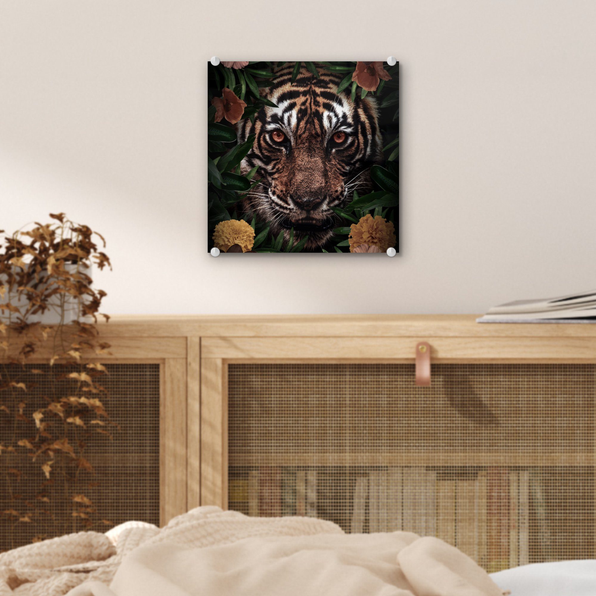 Blumen, - Tiger (1 - Glas MuchoWow Bilder auf Dschungel - Wanddekoration Foto - - Glasbilder Acrylglasbild auf Glas Wandbild St),
