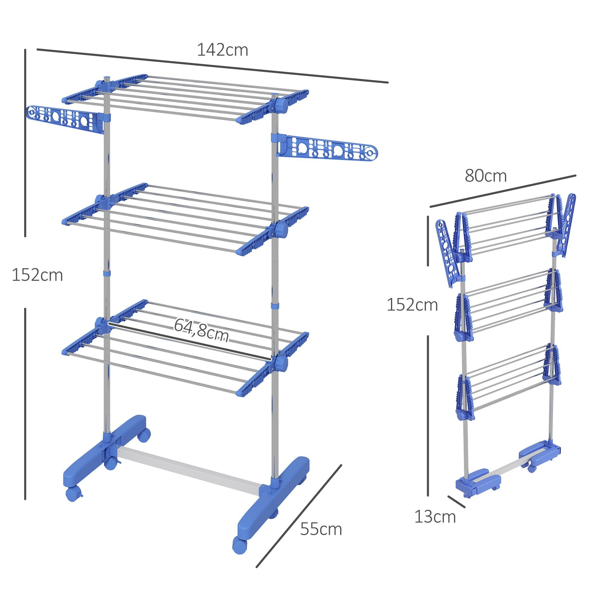 HOMCOM Wäscheständer Turm, Standtrockner, mit 3 Ebenen, klappbare Flügel, für Indoor, Outdoor, Stahl Blau 80,142 x 55 x 152 cm