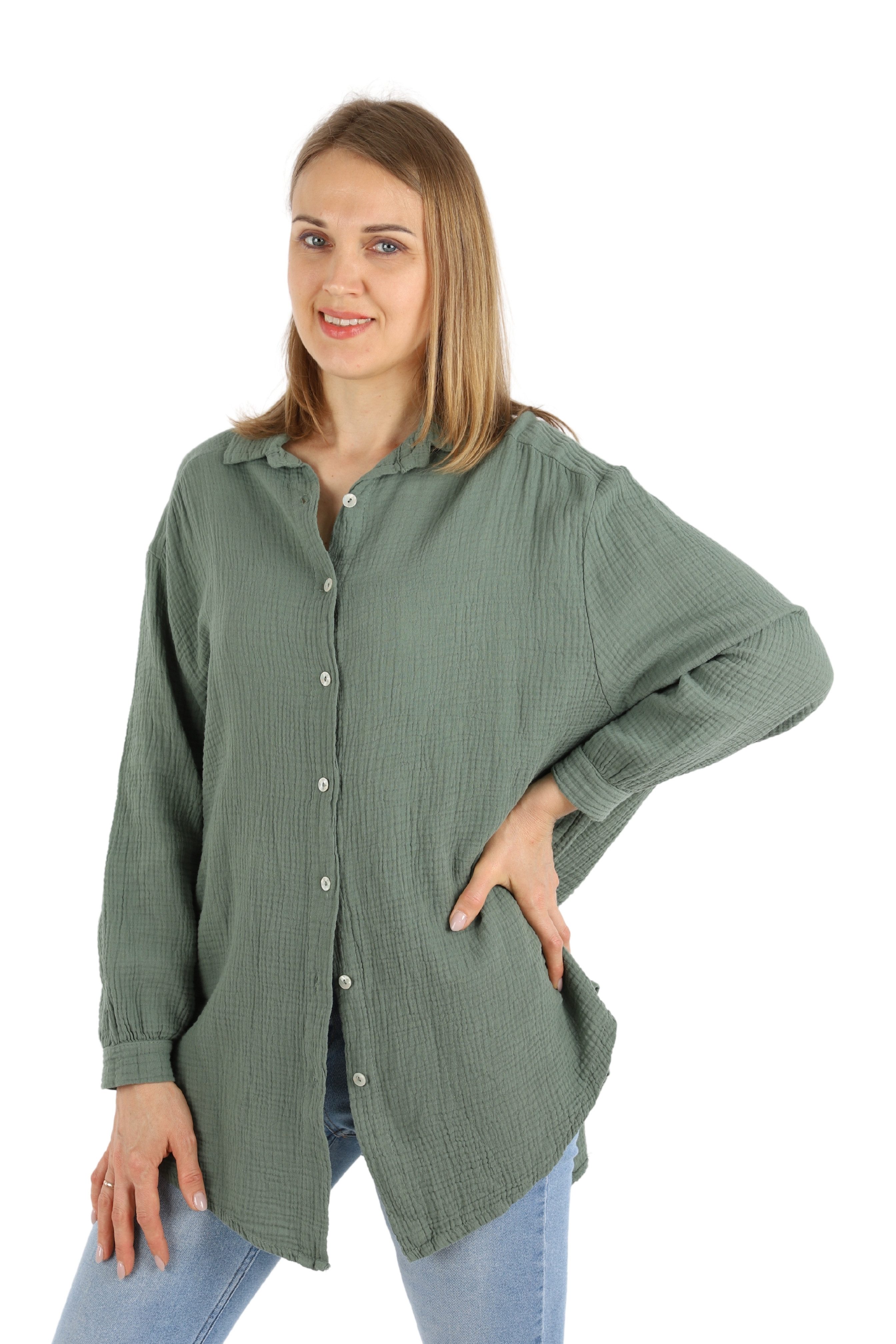 MIRROSI Longbluse Damen Musselin 100% Baumwolle Bluse OVERSIZE Design (Einheitsgröße) Langarm Hemdbluse MADE IN ITALY