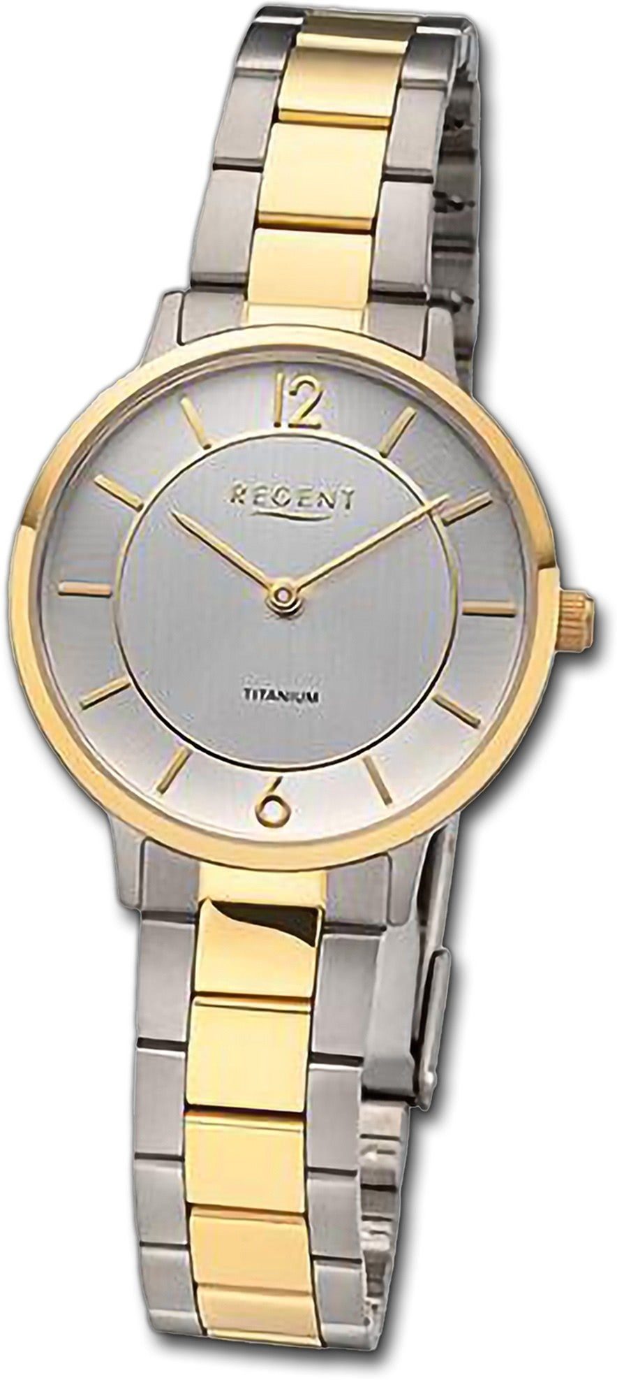 Regent Quarzuhr Regent Damen Armbanduhr Analog, Damenuhr Metallarmband silber, gold, rundes Gehäuse, groß (ca. 31,5mm)