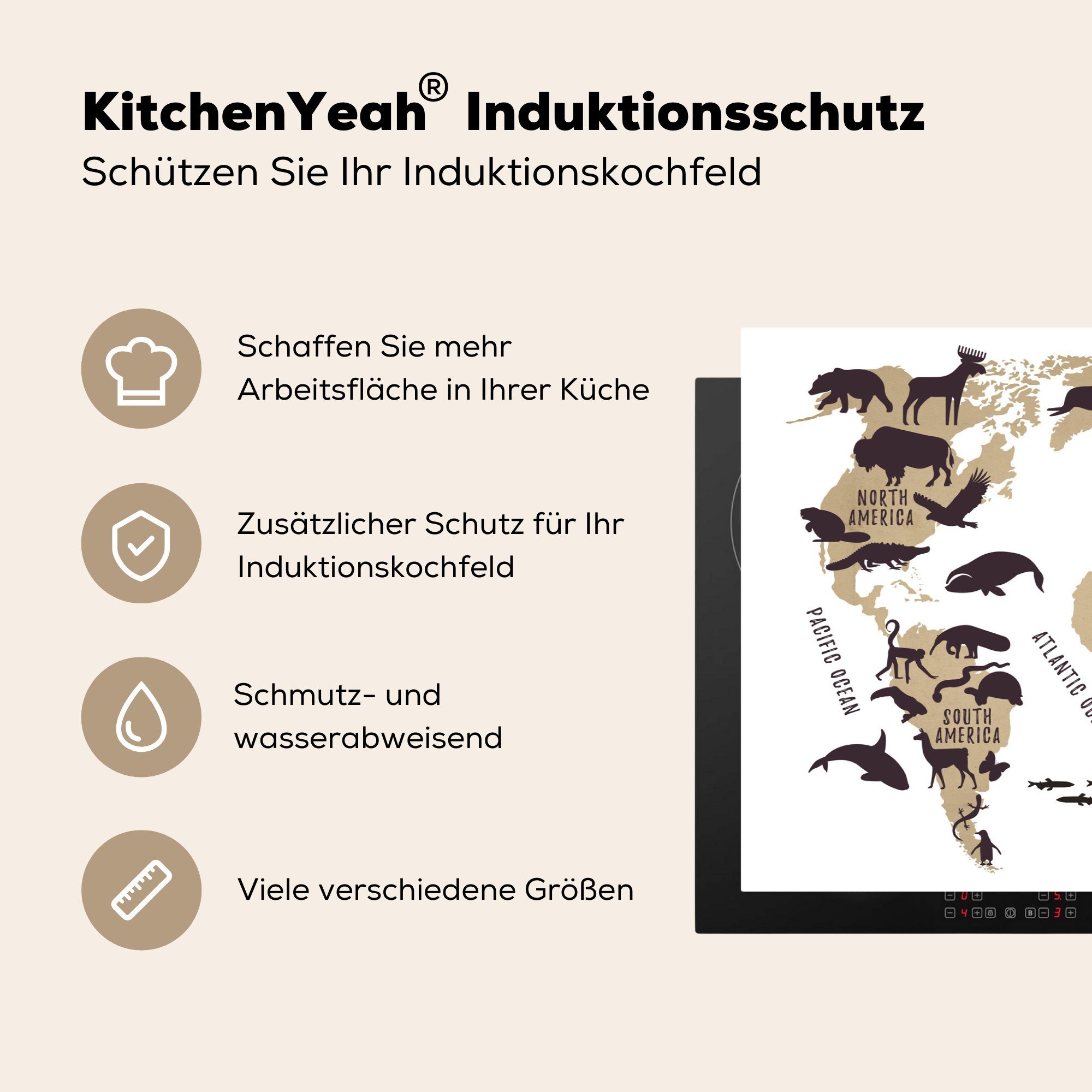 MuchoWow Herdblende-/Abdeckplatte Weltkarte Induktionskochfeld Braun (1 für Schutz - küche, Vinyl, Tiere, cm, 81x52 die - tlg), Ceranfeldabdeckung