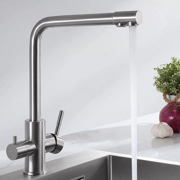 CECIPA pro Spültischarmatur 3 Wege Küchenarmatur Wasserhahn Spültischarmatur Küche Wasserfilter (Wasserhahn aus Edelstahl, 1-St., Kann an Wasseraufbereitungsgeräte angeschlossen werden) Ventilkern aus Keramik