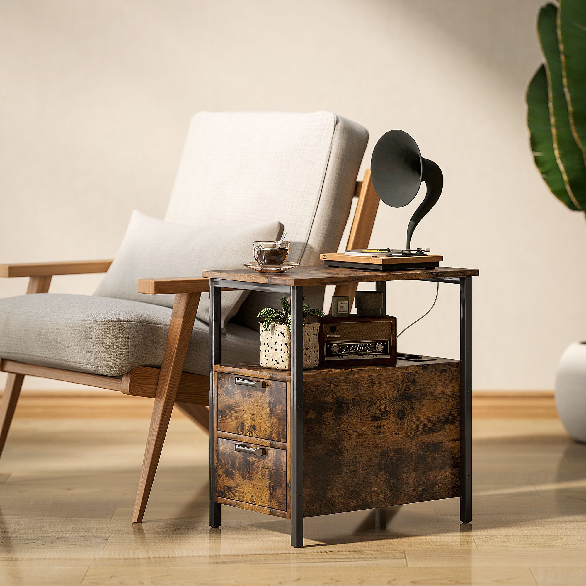 HOMCOM Beistelltisch Couchtisch Kaffeetisch mit Steckdosenleiste, 2 Schubladen (Sofatisch, 1-St., Nachttisch), für Wohnzimmer, Schlafzimmer, Rustikal-Braun