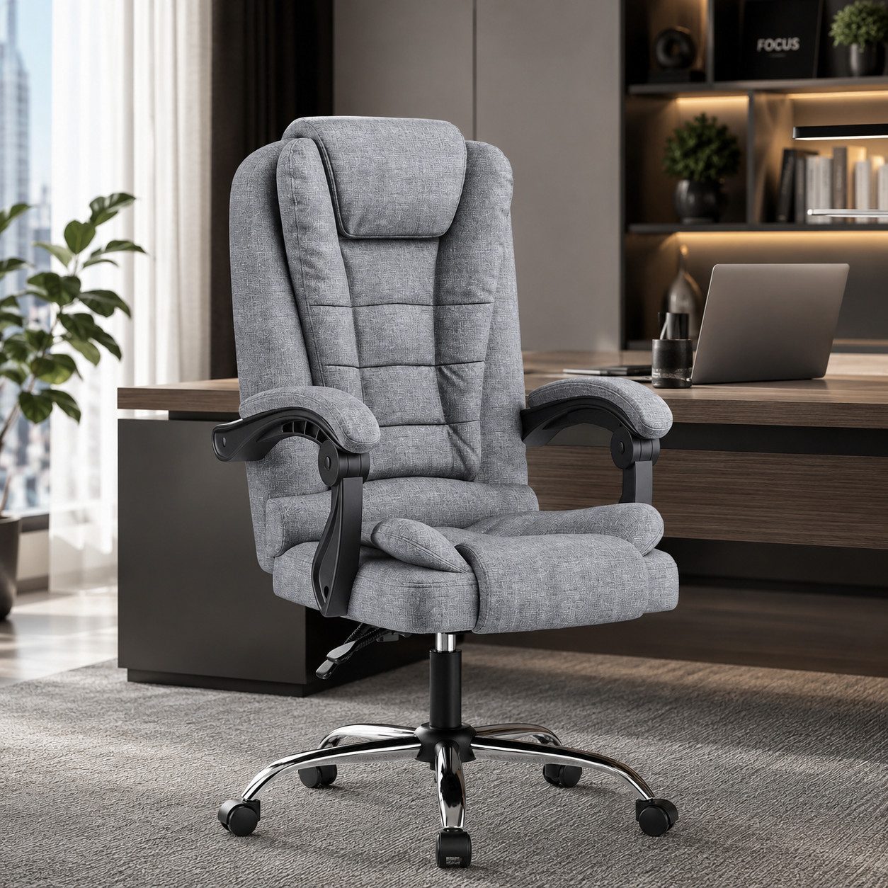 ZAISZE Chefsessel Bürostuhl, Ergonomischer Bürostuhl, Stoff Schreibtischstuhl (Hohe Rückenlehne Ergonomische Liege mit Kippfunktion 360° Drehbarer Schreibtischstuhl, Gaming Stuhl mit dickem Kissen), Chefsessel Drehstuhl, Höhenverstellbar für Zuhause und A