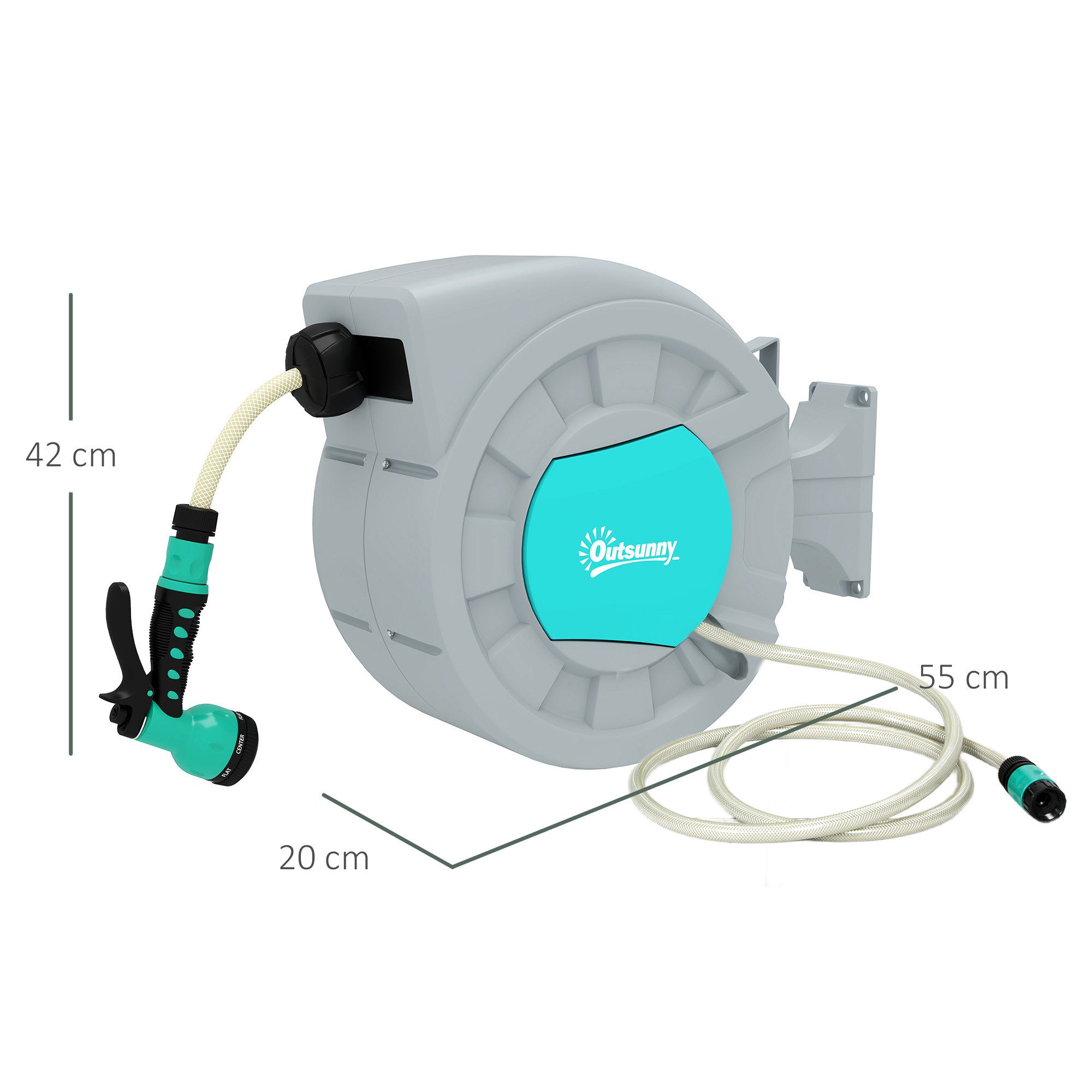 Outsunny Schlauchtrommel mit Gartenschlauch 25m, 180° schwenkbar, zur Wandmontage, (Schlauchaufroller, 1-tlg., Schlauchbox), mit automatische Aufrollung, 7-Funktionen Handbrause, Grün+Grau