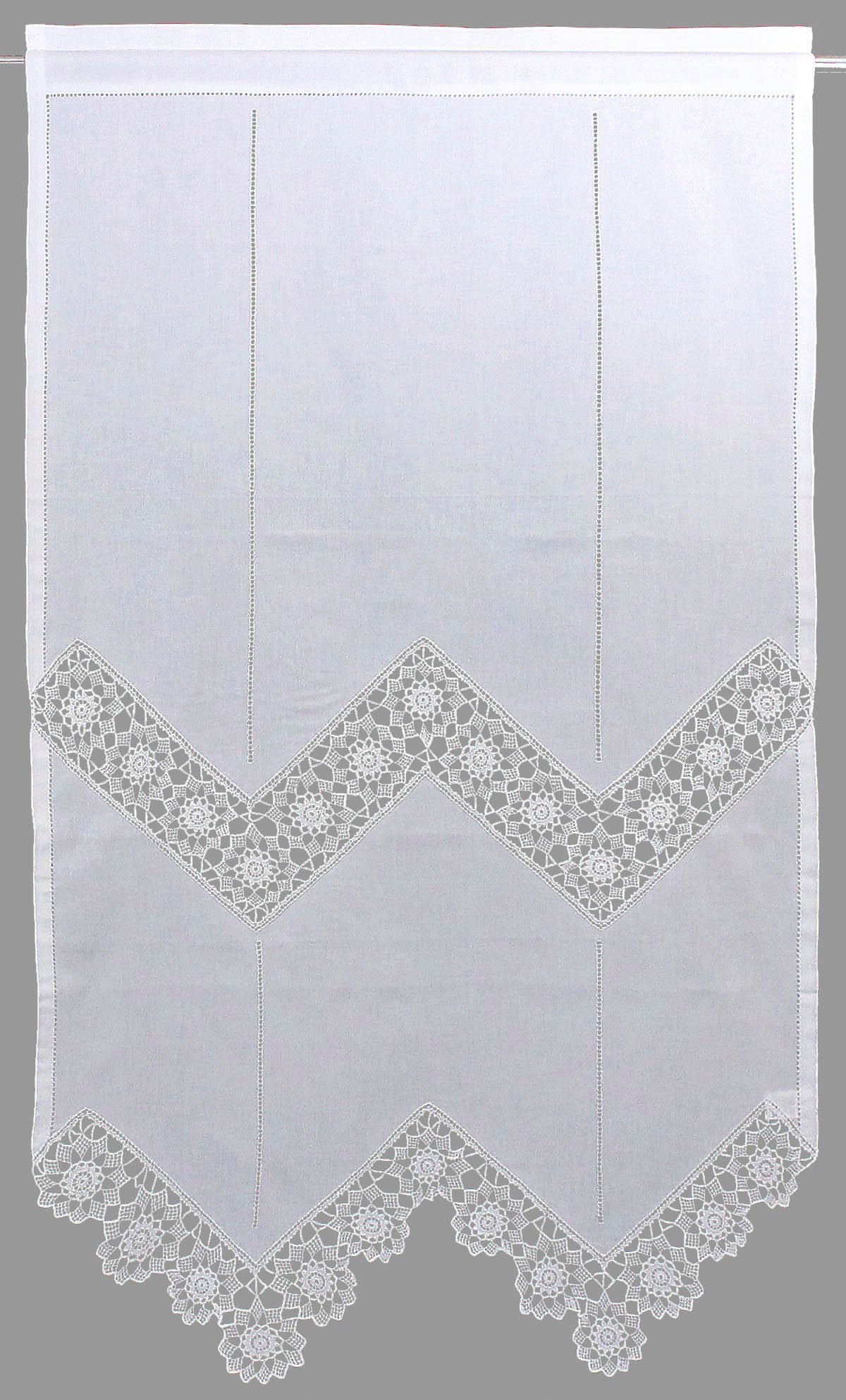 DECO, - HOSSNER halbtransparent, Stangendurchzug HOME Dufour, OF Spitze, Gardine St), (1 Wirkware, weiß, handgehäkelte Baumwolle ART