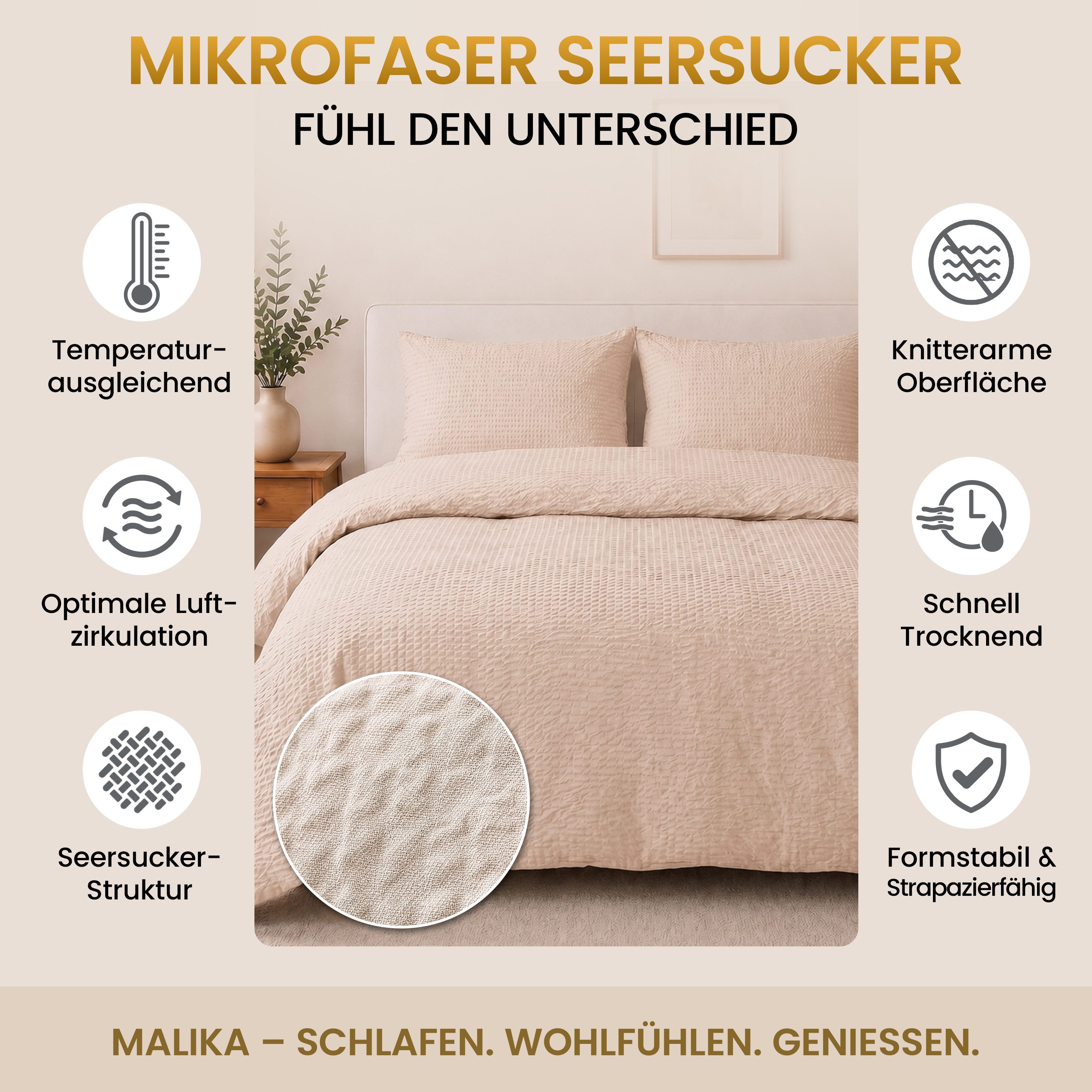 Malika Bettwäsche aus 100 % Mikrofaser, 1x 200x220 + 2x 80x80 cm, Seersucker, Beige, Seersucker, 3 teilig, Für Allergiker geeignet, pflegeleicht, angenehm weicher Stoff