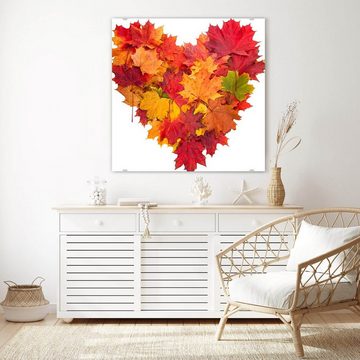 Primedeco Glasbild Wandbild Quadratisch Herz aus Herbstblätter mit Aufhängung, Blumen