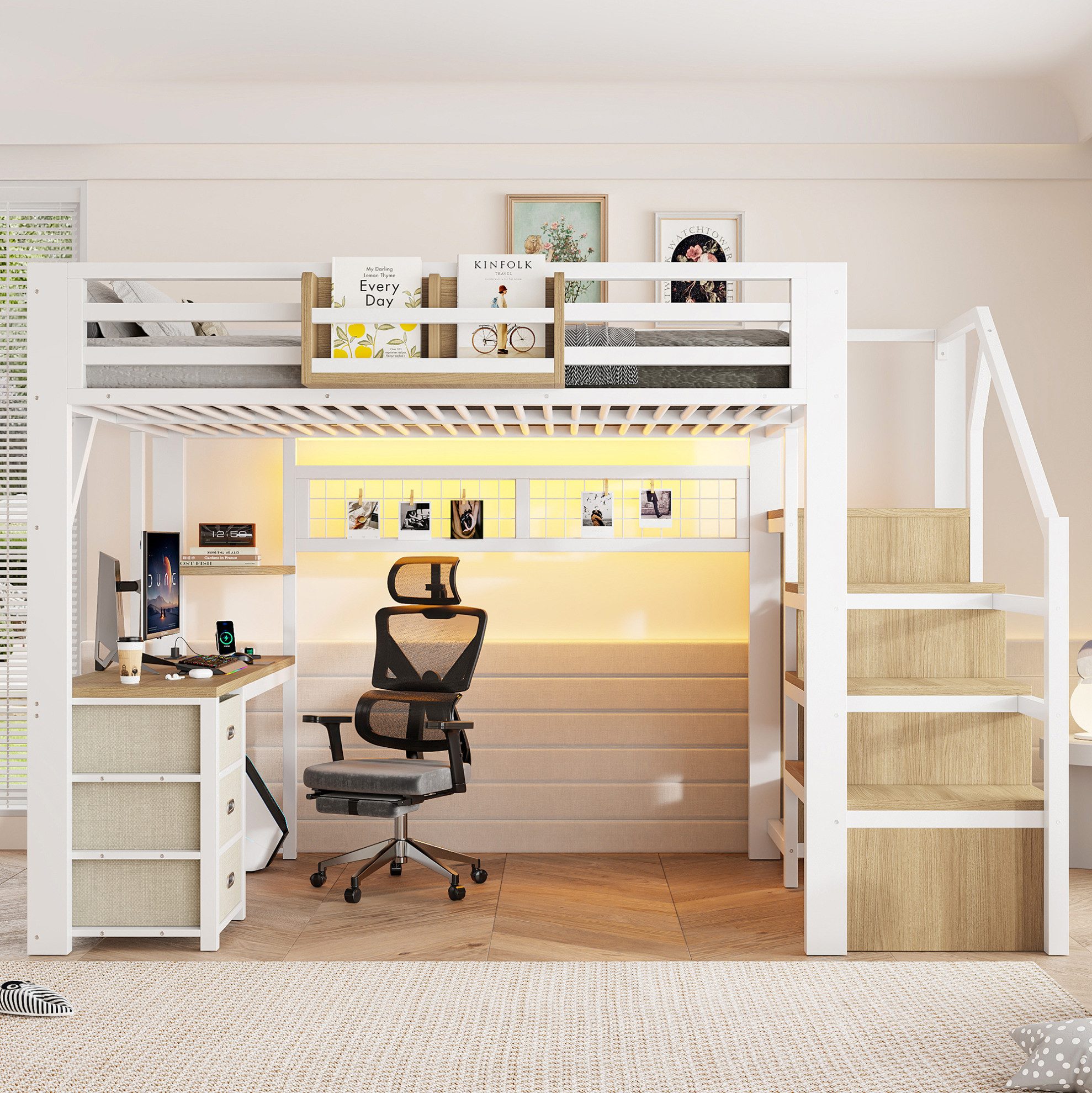 MODFU Hochbett Schlafbett mit Schreibtisch, Stauraumfächern und Schrankelement (Packung, 1-St., Bettgestell aus Metall mit Schubladen für Kinderzimmer Nutzung) 140x200cm Metallbett Aufbau Weiß mit LED Beleuchtung ohne Matratze