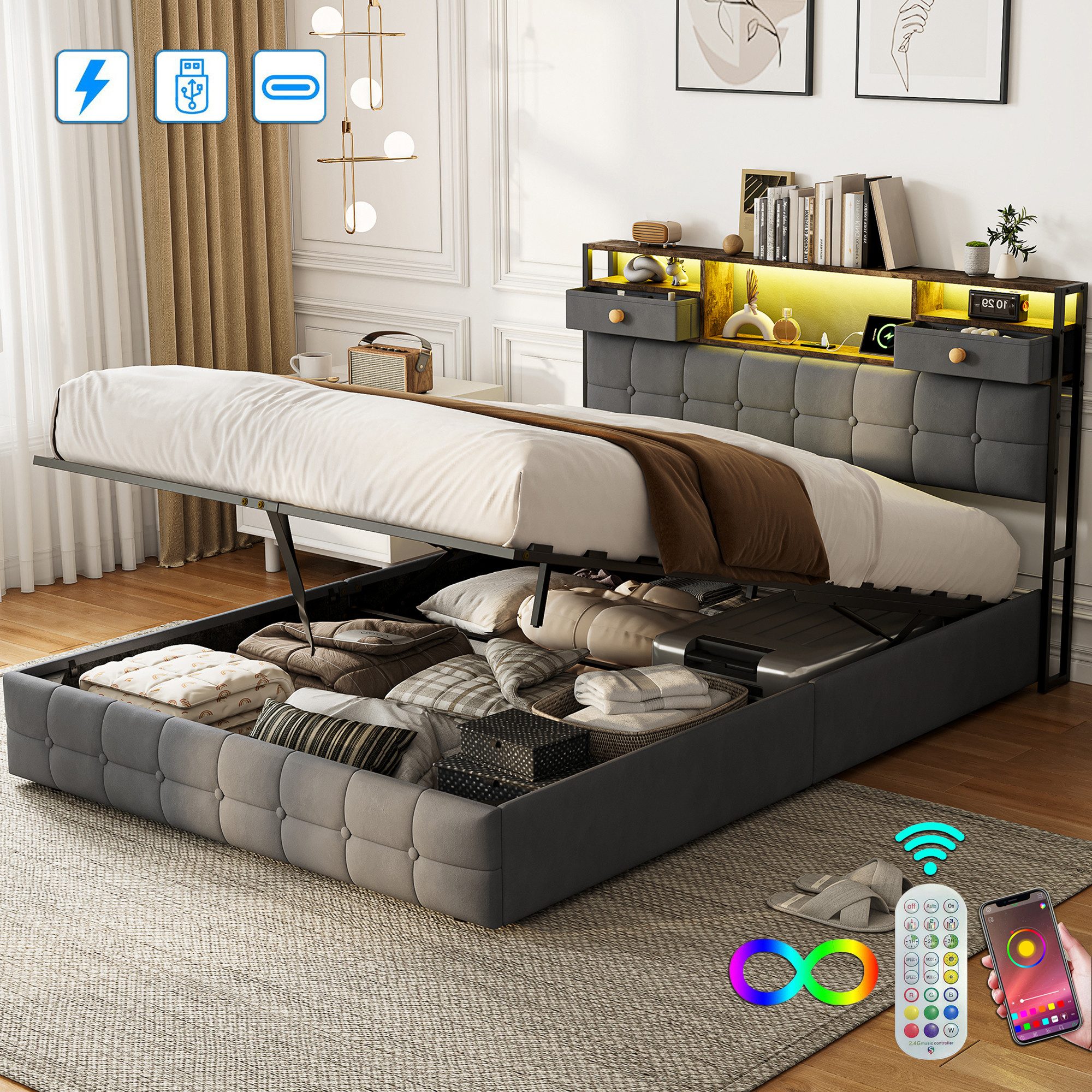 ADWOLT Polsterbett Doppelbett Stauraumbett Mit LED-Licht und USB + Typ-C (Packung, 1-tlg., Jugendbett), 160x200 cm,Bettgestell mit Kopfteil und Lattenrost,Samtstoff - Grau
