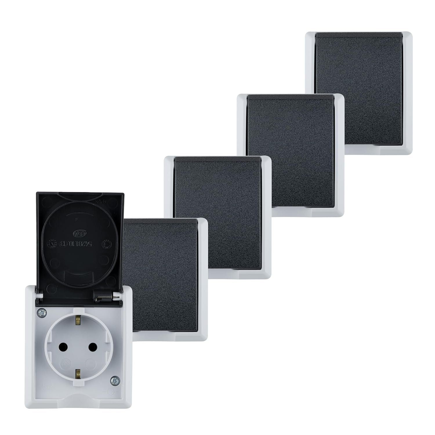 REV Schalter AquaForm (5x 1-fach Steckdose Aufputz, IP44, grau, 5er Set), Sparset, Anwendung in Feuchträumen