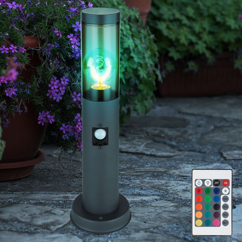Globo Sockelleuchte Warmweiß, RGB LED anthrazit LED Leuchtmittel rauch Farbwechsel, inklusive, Außen-Stehlampe, Bewegungsmelder Fernbedienung