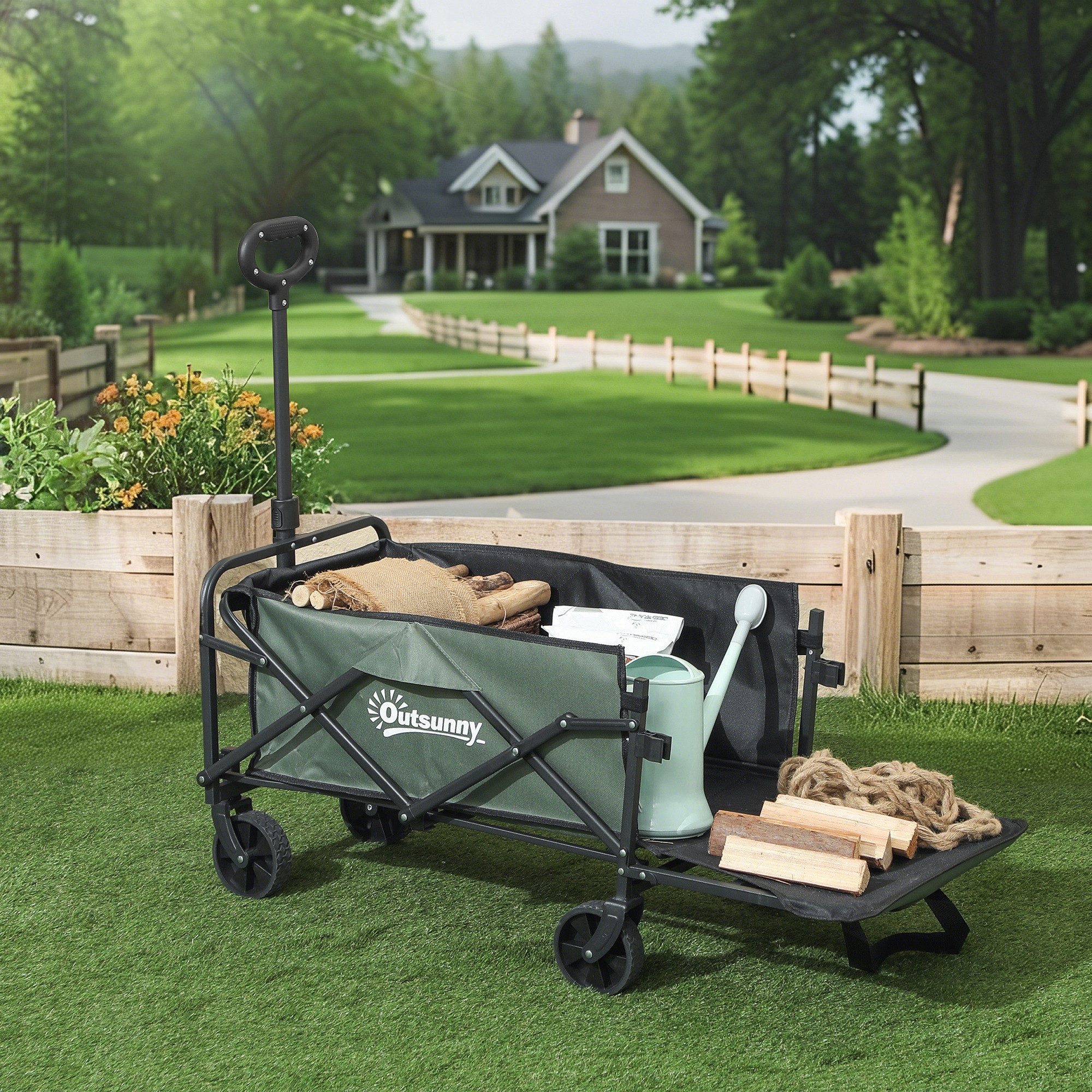 Outsunny Bollerwagen klappbar, mit herausnehmbare Plane, Griff, Rädern, Lenkachse (Gartenwagen 90 kg belastbar, 1-tlg., Transportwagen), 72 Liter Gerätewagen für Haus Garten, Grün