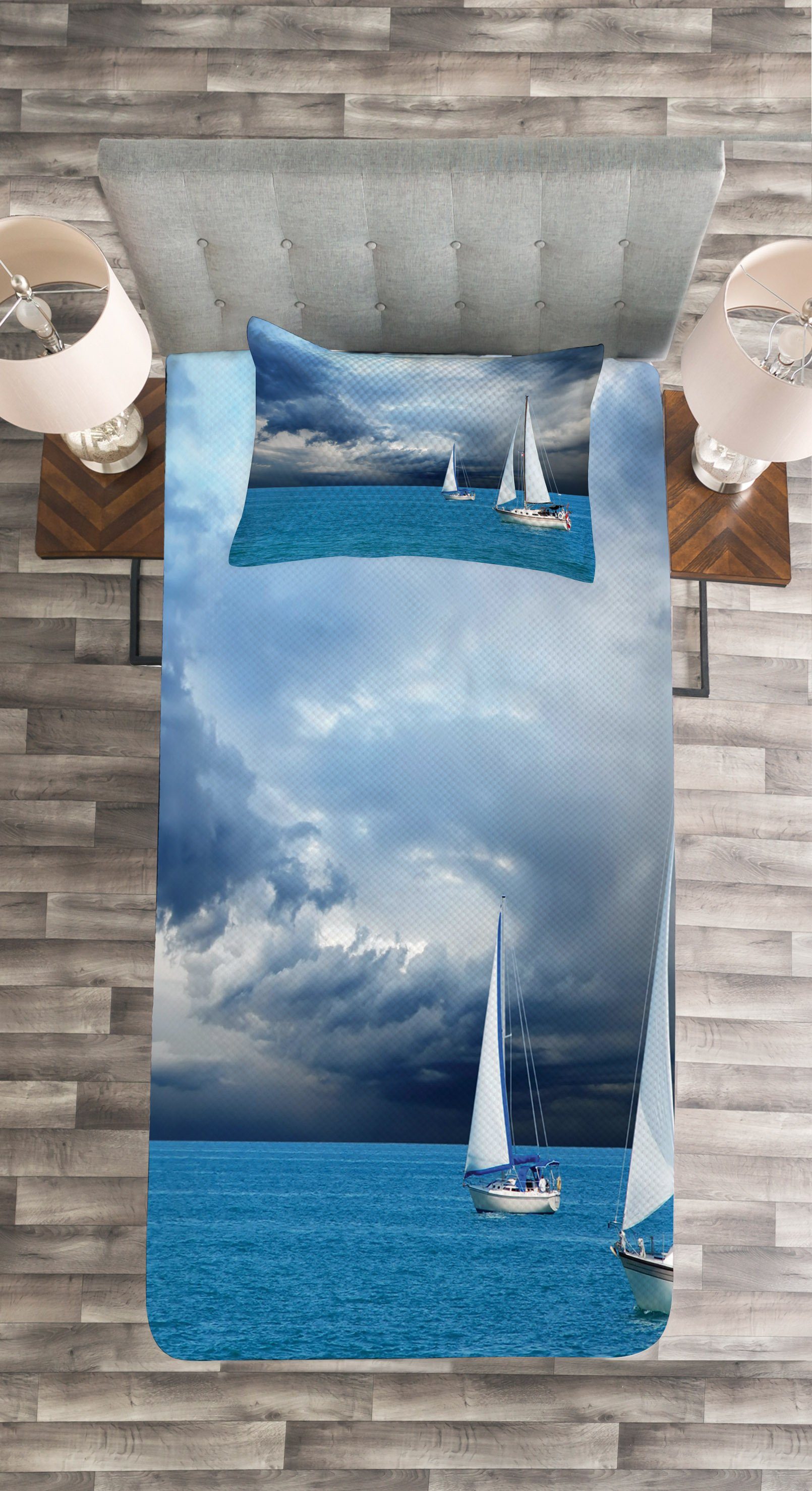 Abakuhaus, Segeln Waschbar, mit Set Gewitterwolken Nach Tagesdecke Kissenbezügen Blau