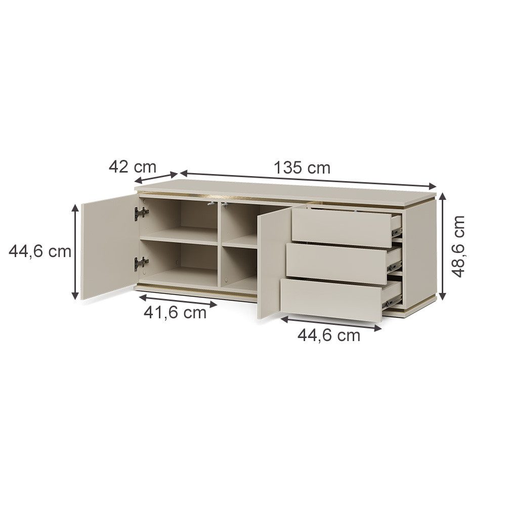 Vicco Lowboard Linette, Cashmere/Gold, 135 x 48.6 cm mit 2 Türen und 3 Schubladen (1 St)