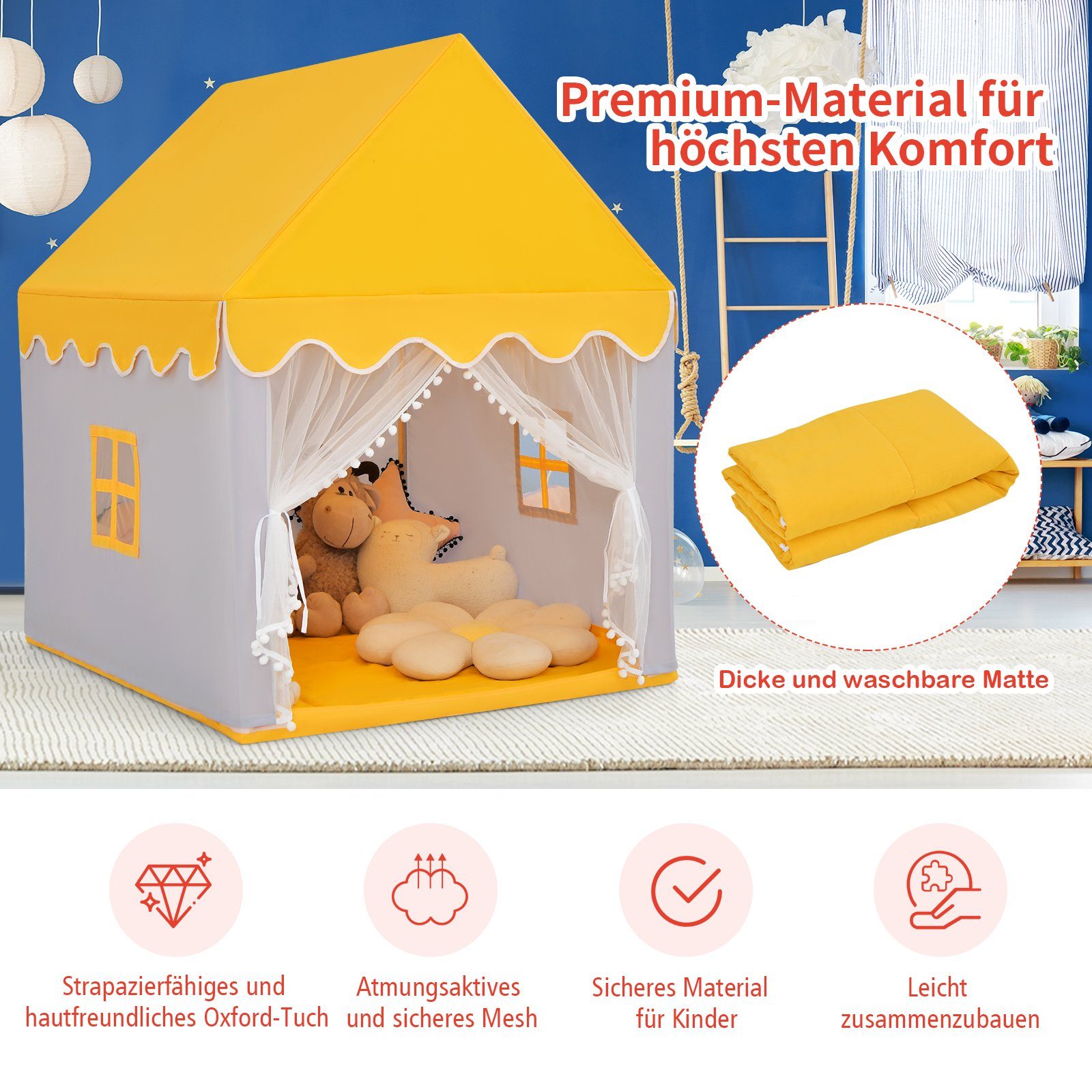 COSTWAY Spielzelt Kinder, mit Baumwolldecke, Fenster 120x105x140cm
