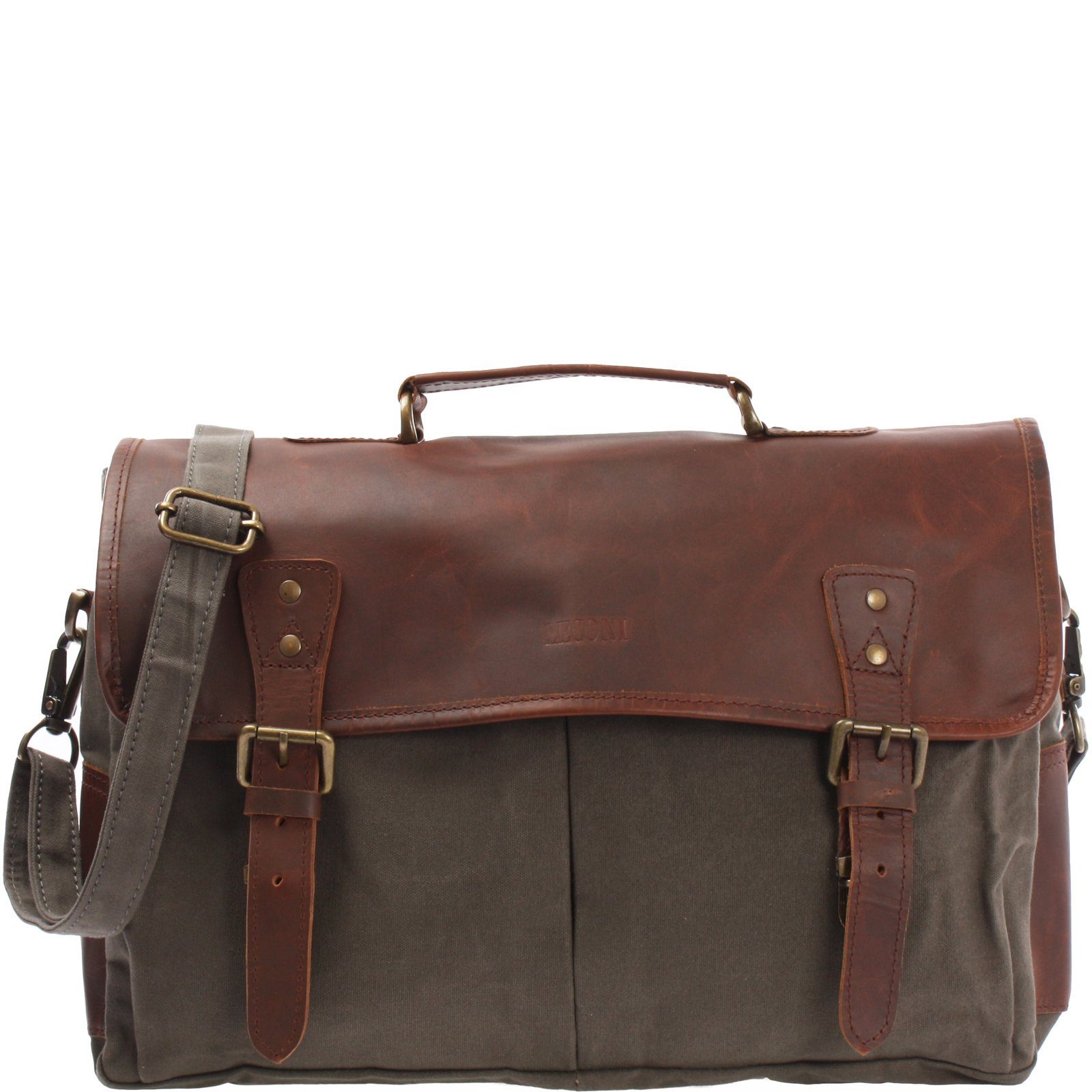 LECONI Umhängetasche Messenger Bag Damen Herren Din A4 Kuriertasche Leder Canvas LE3018, große Steckfächer – rückseitiges Reißverschlussfach – 41×28×13 cm