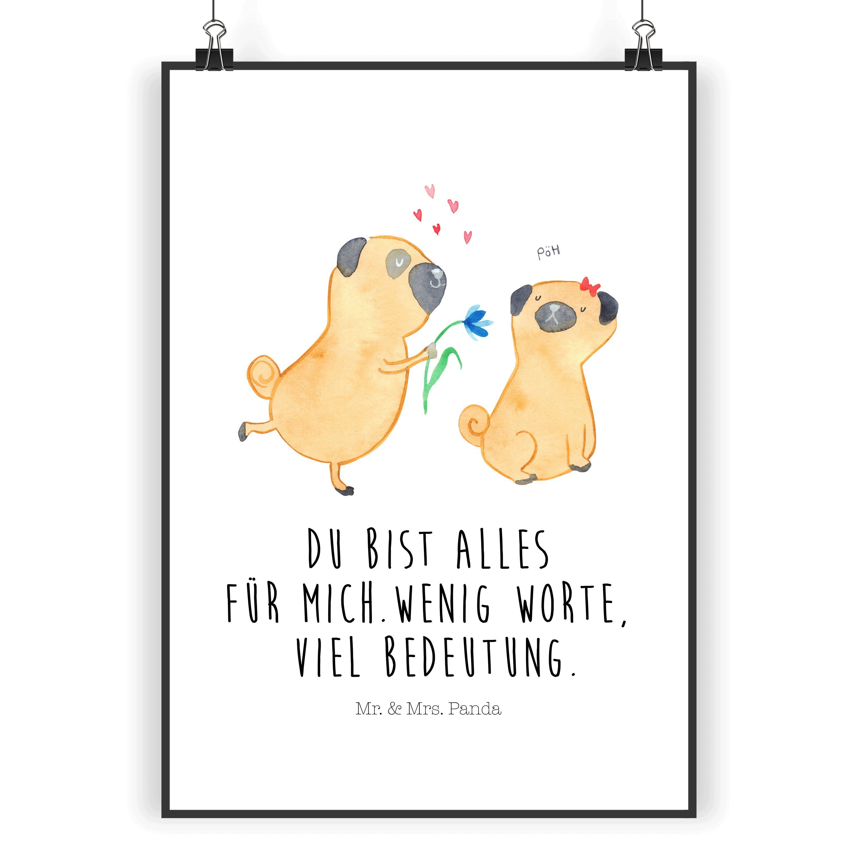 Poster DIN A5 Mops verliebt - Weiß - Geschenk, Hund, Partner, Raumdekoration