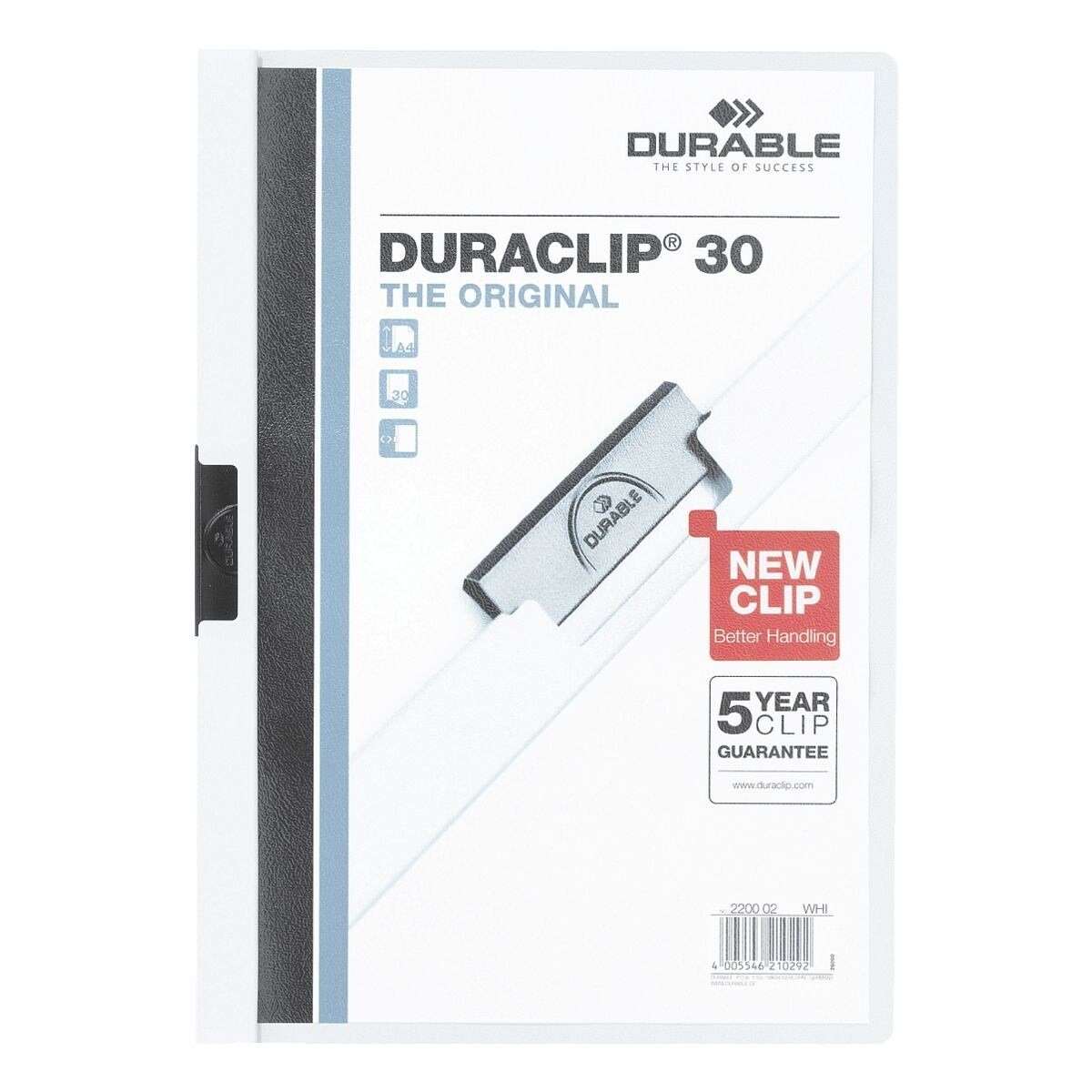 DURABLE Hefter Duraclip 30, mit Klemmfunktion, Format DIN A4, bis 30 Blatt weiß