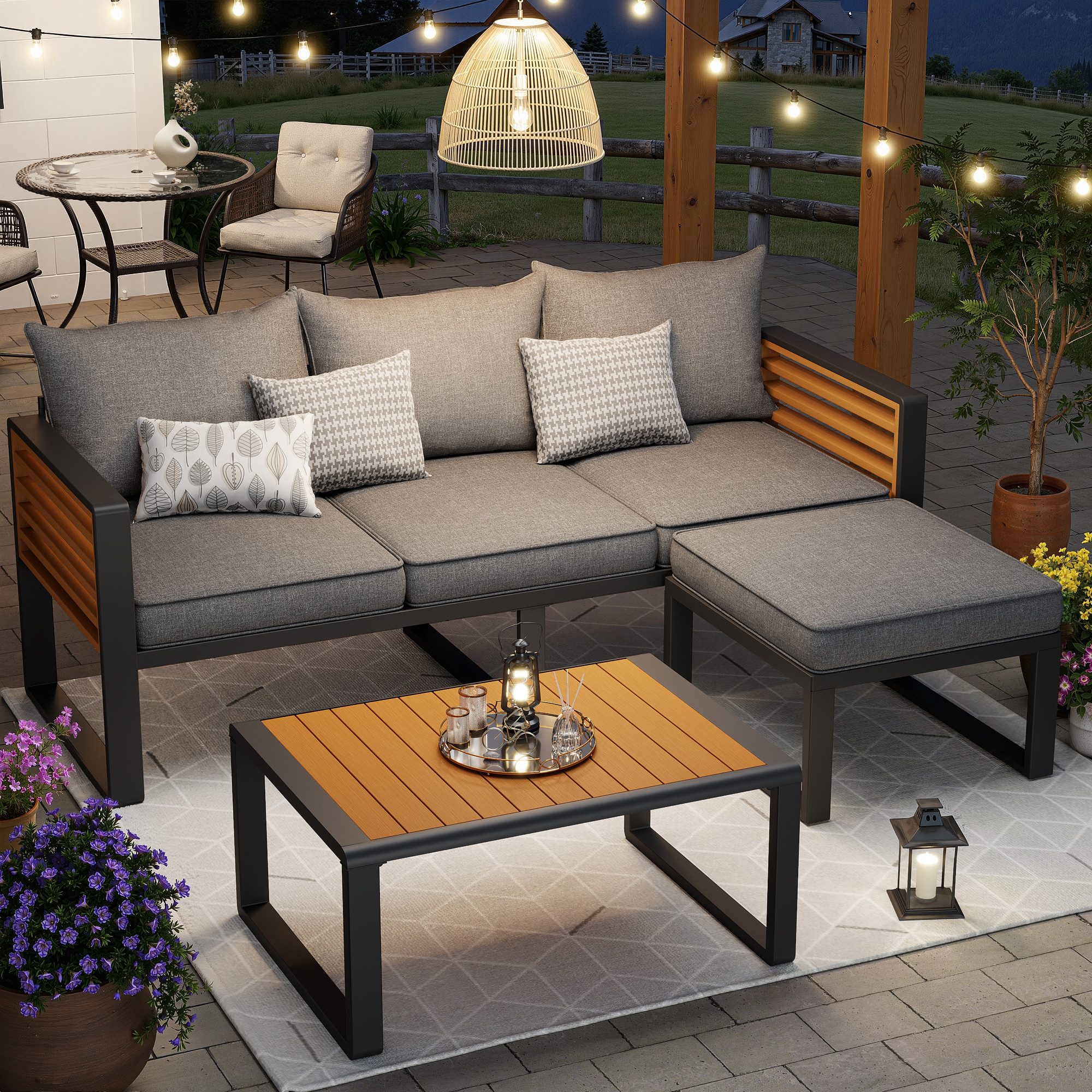 Flieks Gartenlounge-Set, (1-tlg), 4-Sitzer Gartenmöbel-Set mit Eisenrahmen und Kunstholz Tischplatte