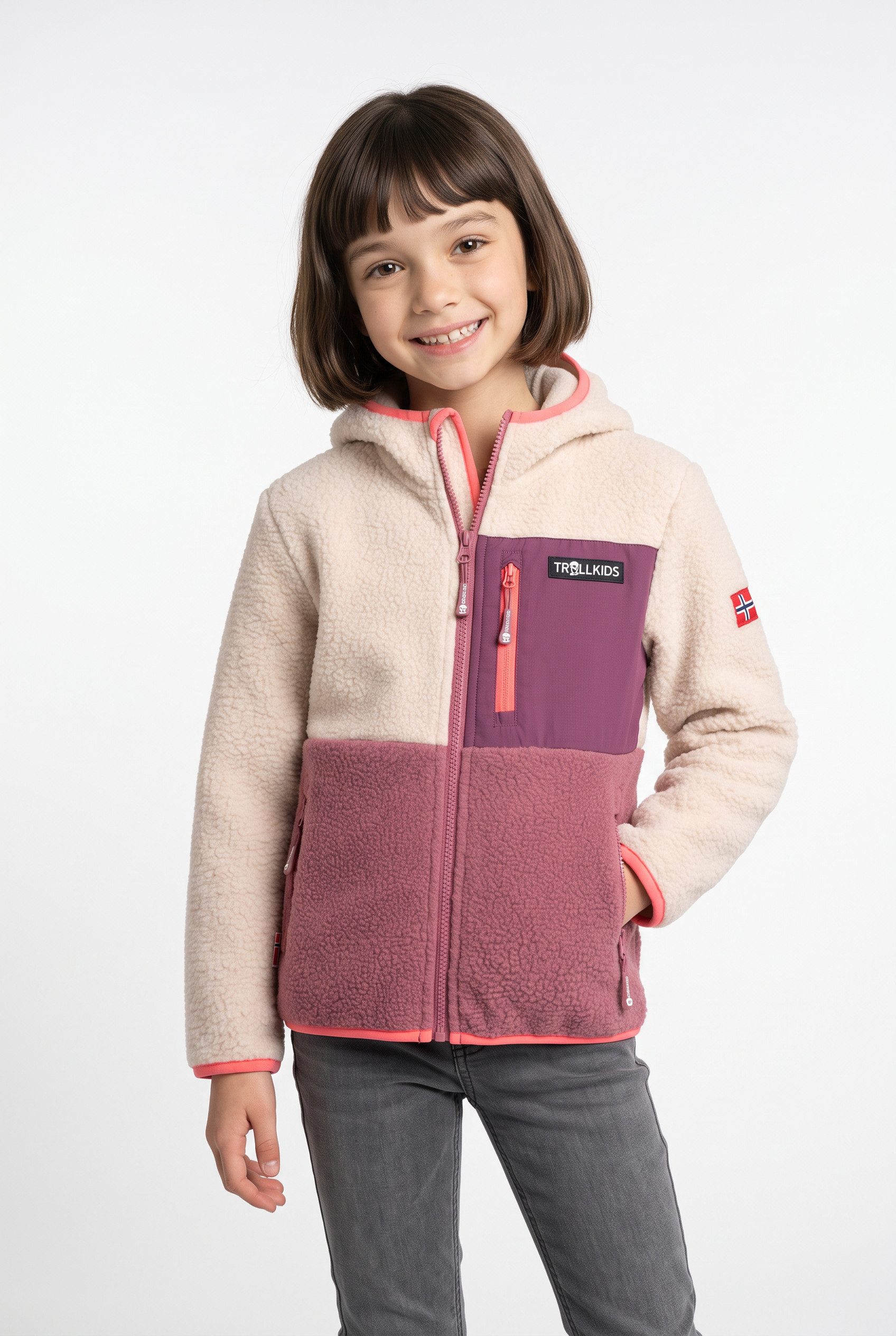 TROLLKIDS Kapuzenplüschjacke KIDS AURLANDSFJORD JACKET sportlich, aus Polyester, mit Kapuze, pflegeleicht, für Kinder