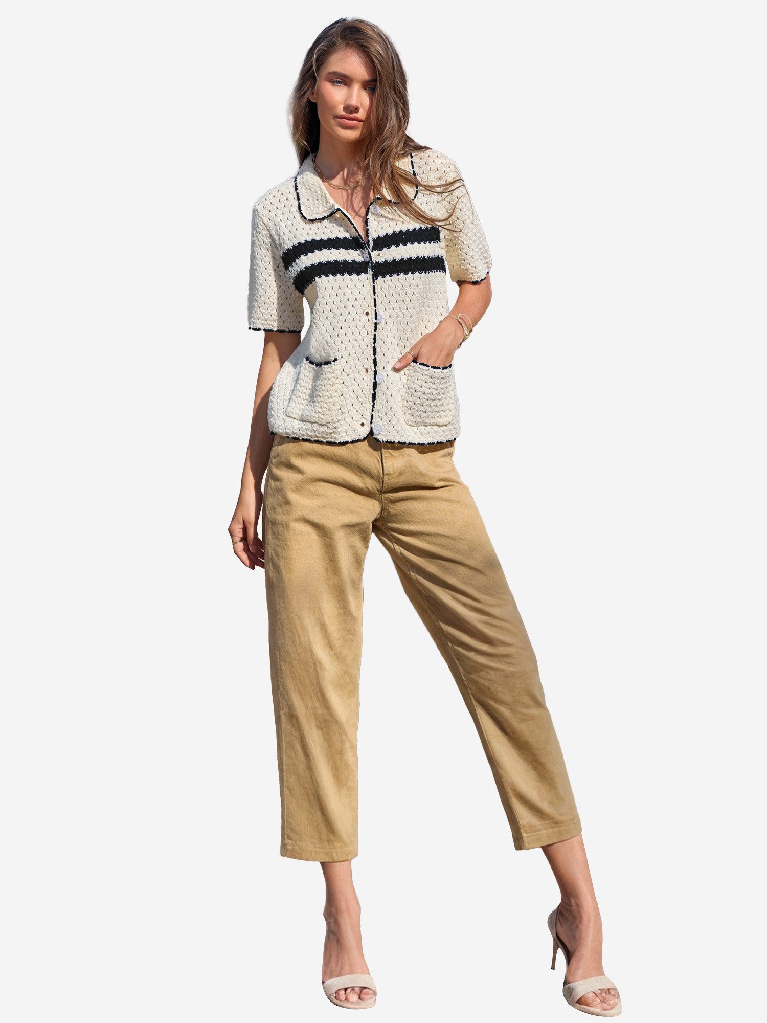 Imily Bela Cardigan Damen Kurzarm mit Lochmuster Polokragen und Kontraststreifen Sommer (Packung, 1-tlg., 1per-Pack) gehäkelt mit Spitze