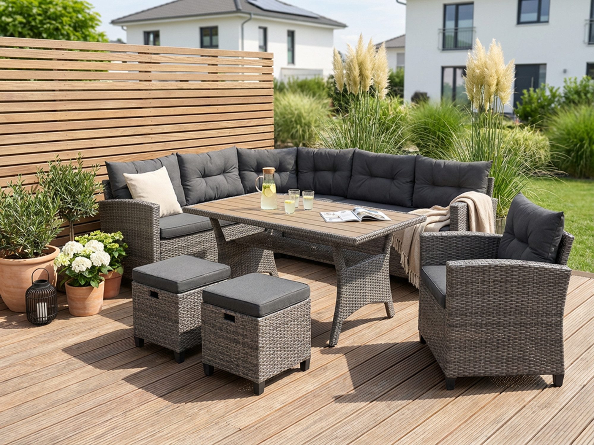 KONIFERA Gartenlounge-Set Keros Premium, (Set, 20-tlg., 2x 2er Sofa, 1x Ecke, 1x Sessel, 2x Hocker, 1x Tisch 145x75x67,5cm), Ecklounge, Polyrattan, Stahl, geeignet für 8 Personen, inkl. Auflagen