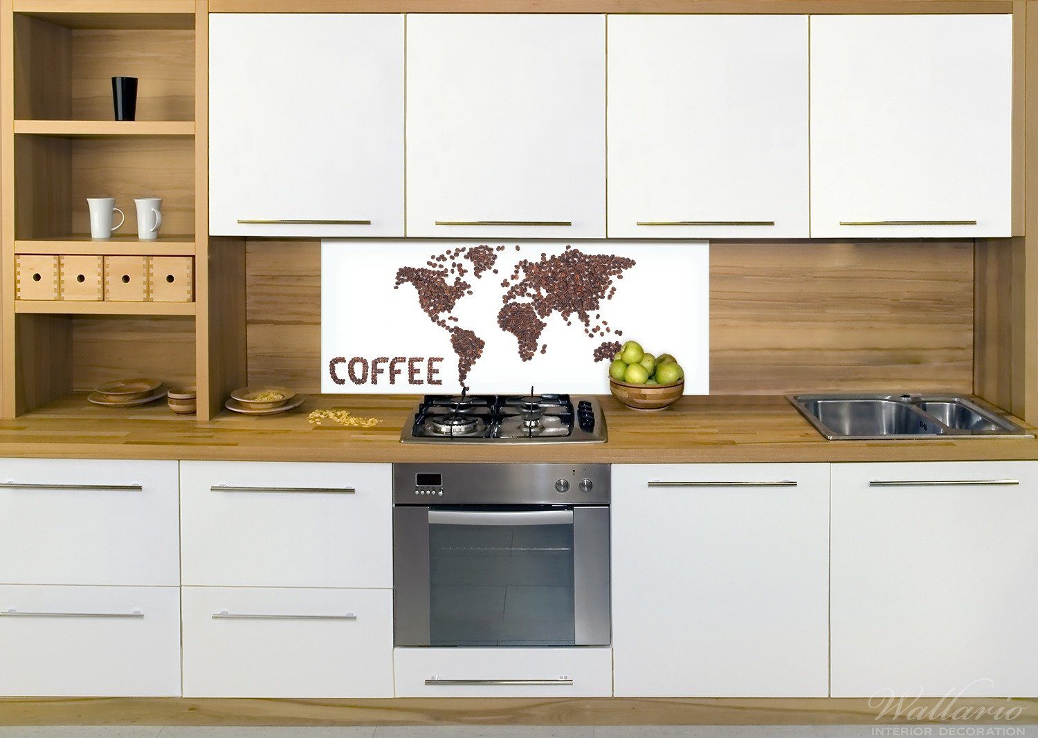 Wallario Küchenrückwand Weltkarte mit Schriftzug aus Kaffeebohnen, (1-tlg)