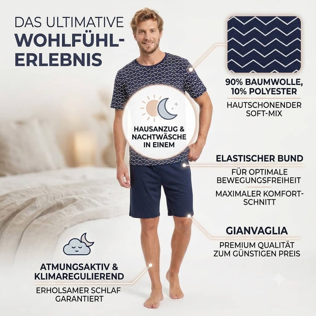 GIANVAGLIA Pyjama Herren Pyjama Set Shorty Schlafanzug Baumwolle Zweiteilig (2 tlg., Hose und T-Shirt) 90% Baumwolle, zweiteilig, elastischer Bund, atmungsaktiv – Bild 2 von 4