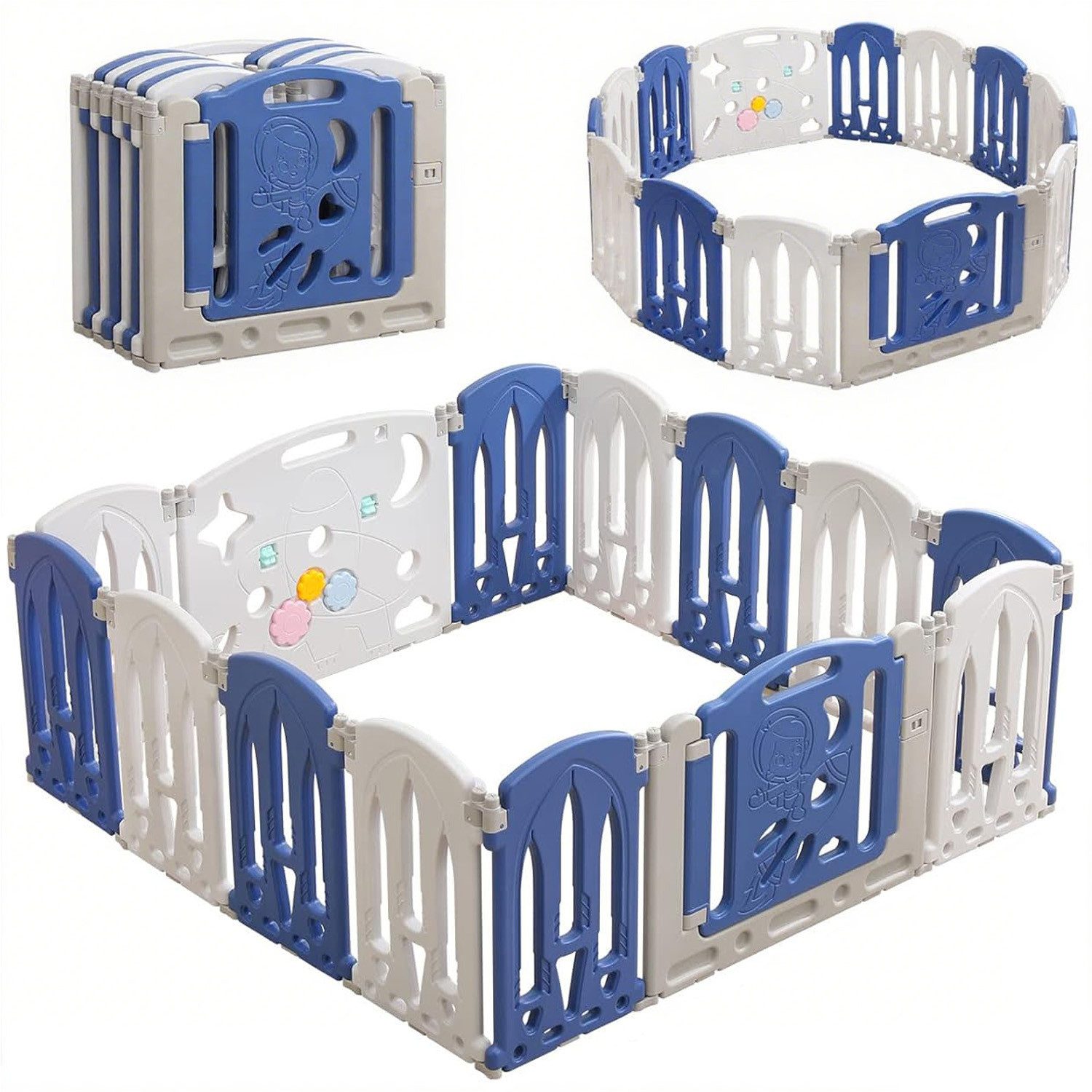 SURFOU Laufgitter Baby Laufstall Faltbarer Basketballkorb Absperrgitter (Spielzaun für Kinder, 14-tlg), mit Spielzeugtafel & Türtafel Krabbelgitter Rutschfester