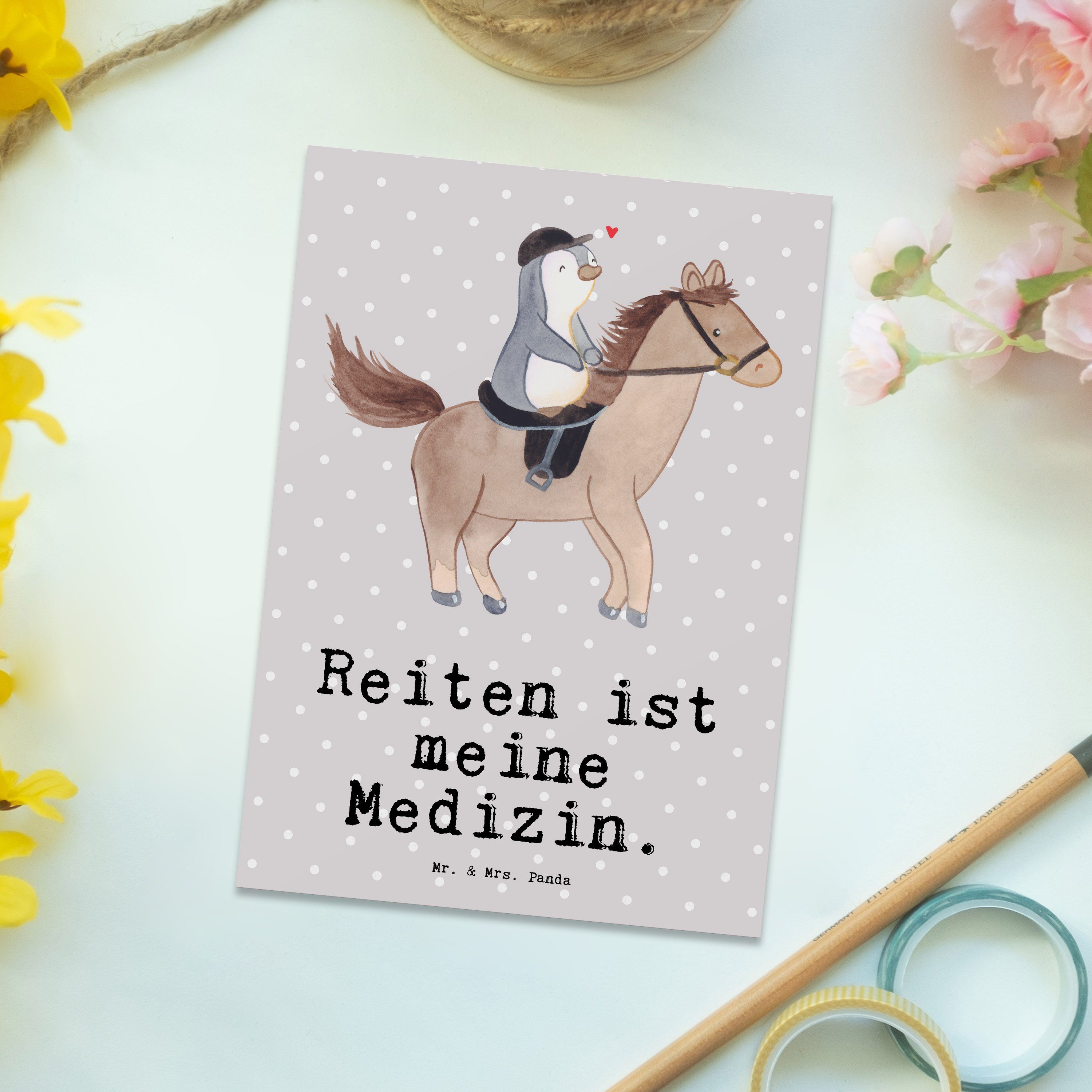 Mr. & Mrs. Panda Postkarte Pferd Reiten Medizin - Grau Pastell - Geschenk, Karte, Dankeschön, Pf