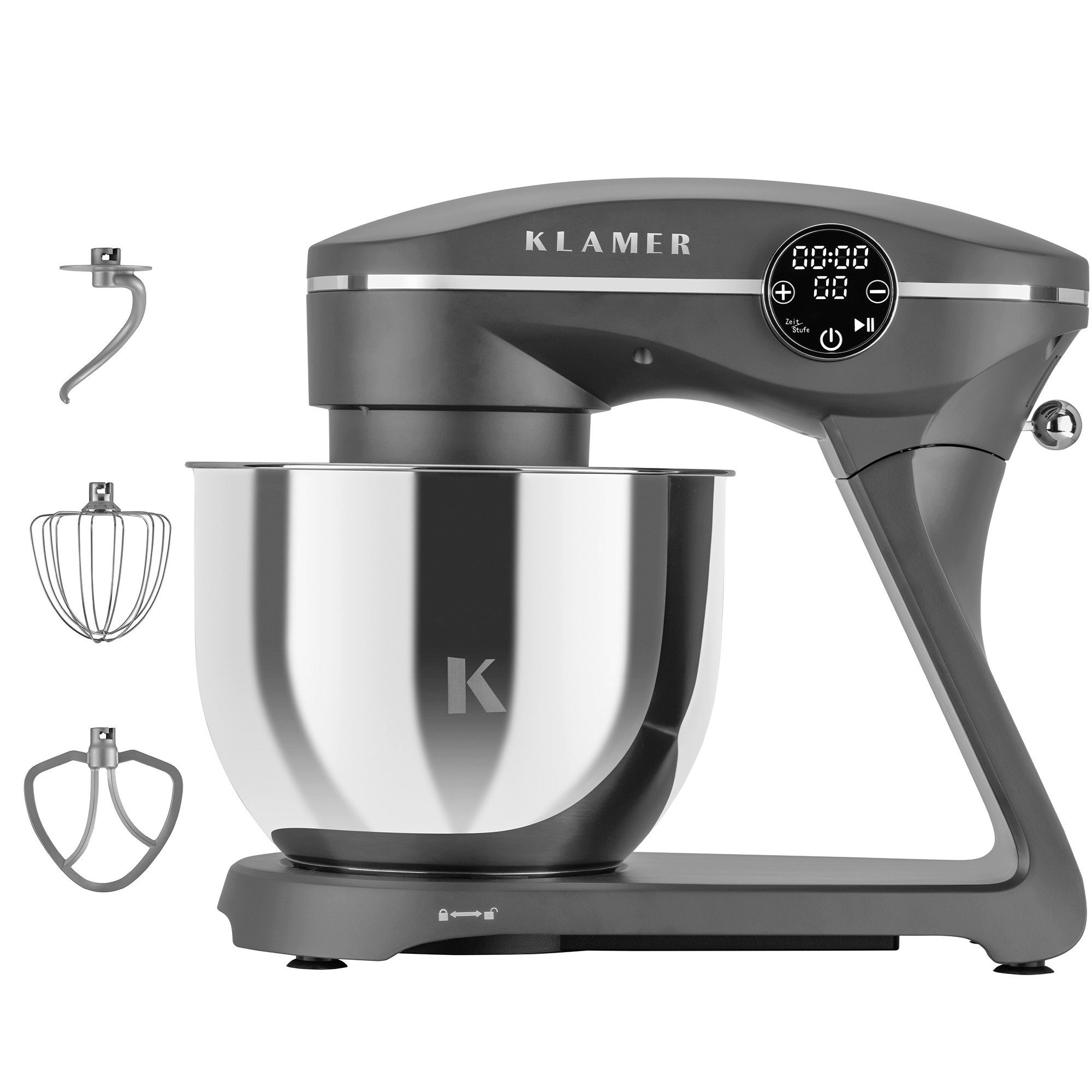 KLAMER Küchenmaschine 1800W, 6L Edelstahl-Schüssel, Knetmaschine mit 10 Geschwindigkeiten & Timer, grau, 1800 W, 6 l Schüssel, Spritzschutz, 3 Werkzeuge, Saugfüße, digitales Display, Timer